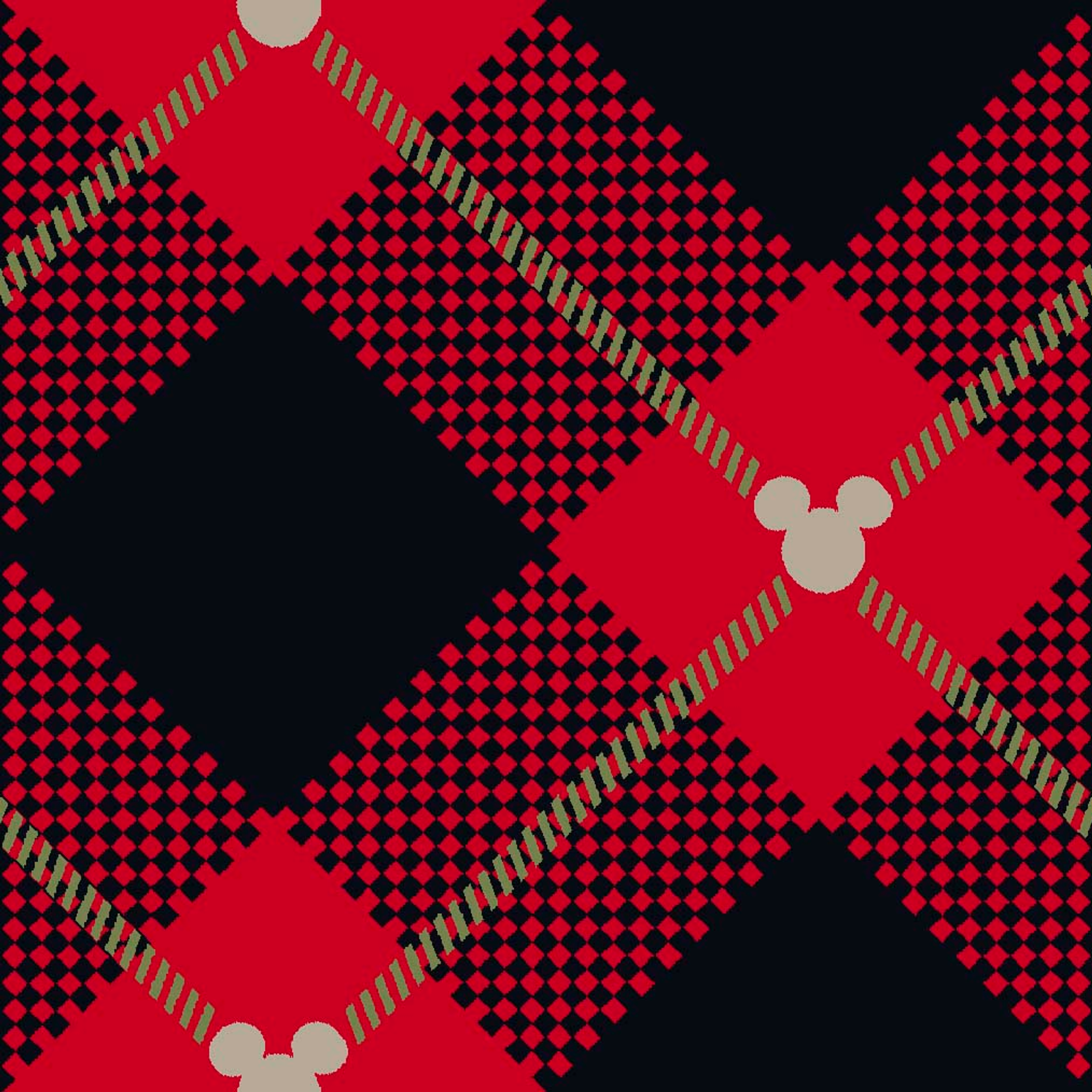 Red and black plaid pattern with diagonal gold stripes and small Mickey Mouse silhouettes tiled preview square