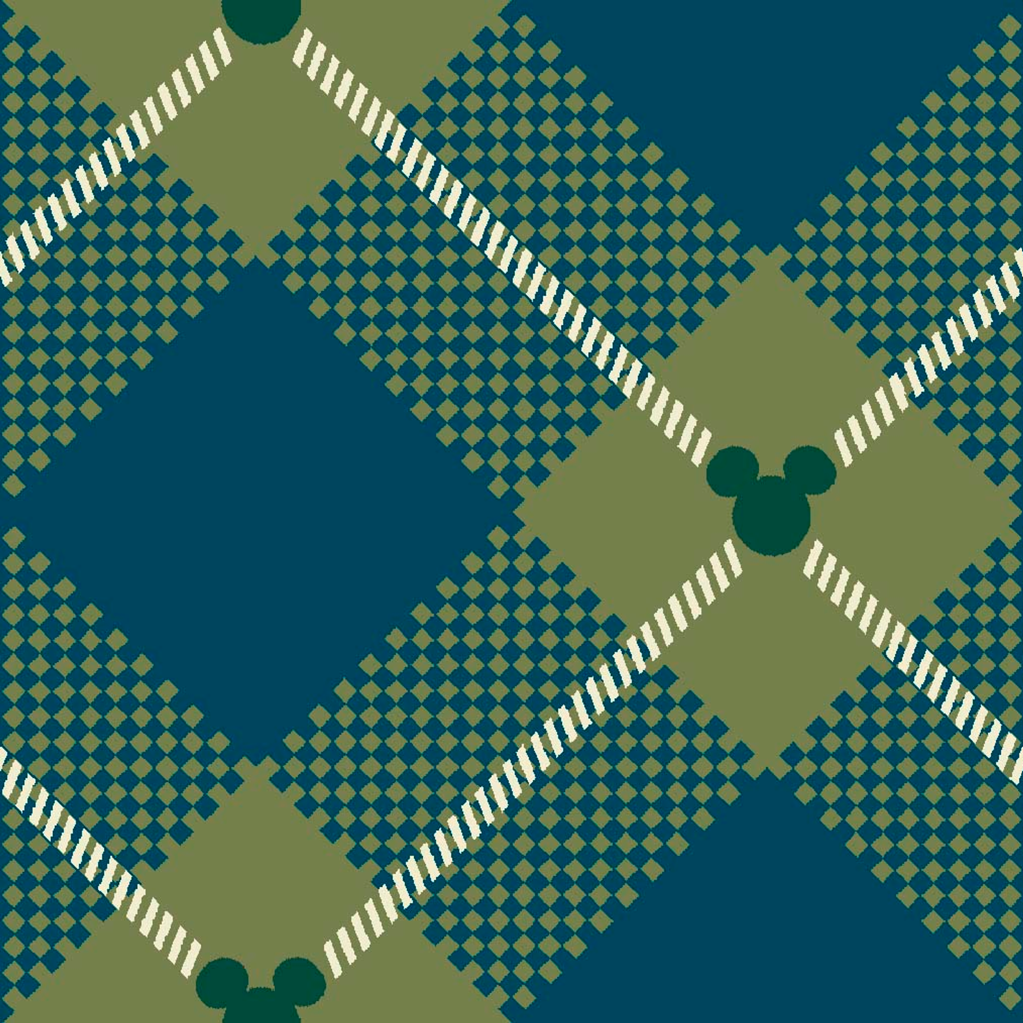 Geometric plaid pattern with teal and olive green diamonds, white diagonal stripes and checkered textures tiled preview square