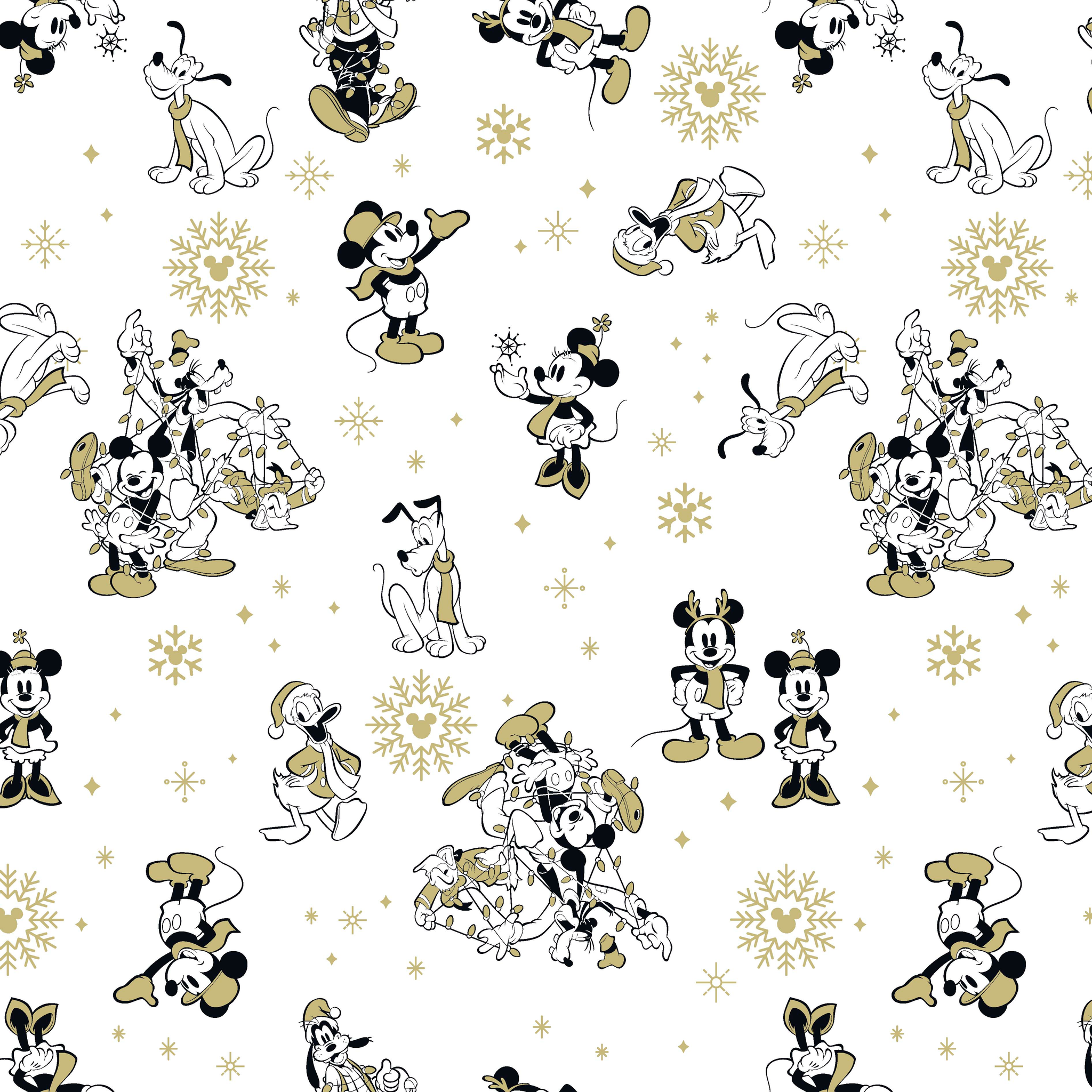 Vintage Disney characters pattern with Mickey, Minnie and Pluto on white background with gold snowflakes tiled preview square