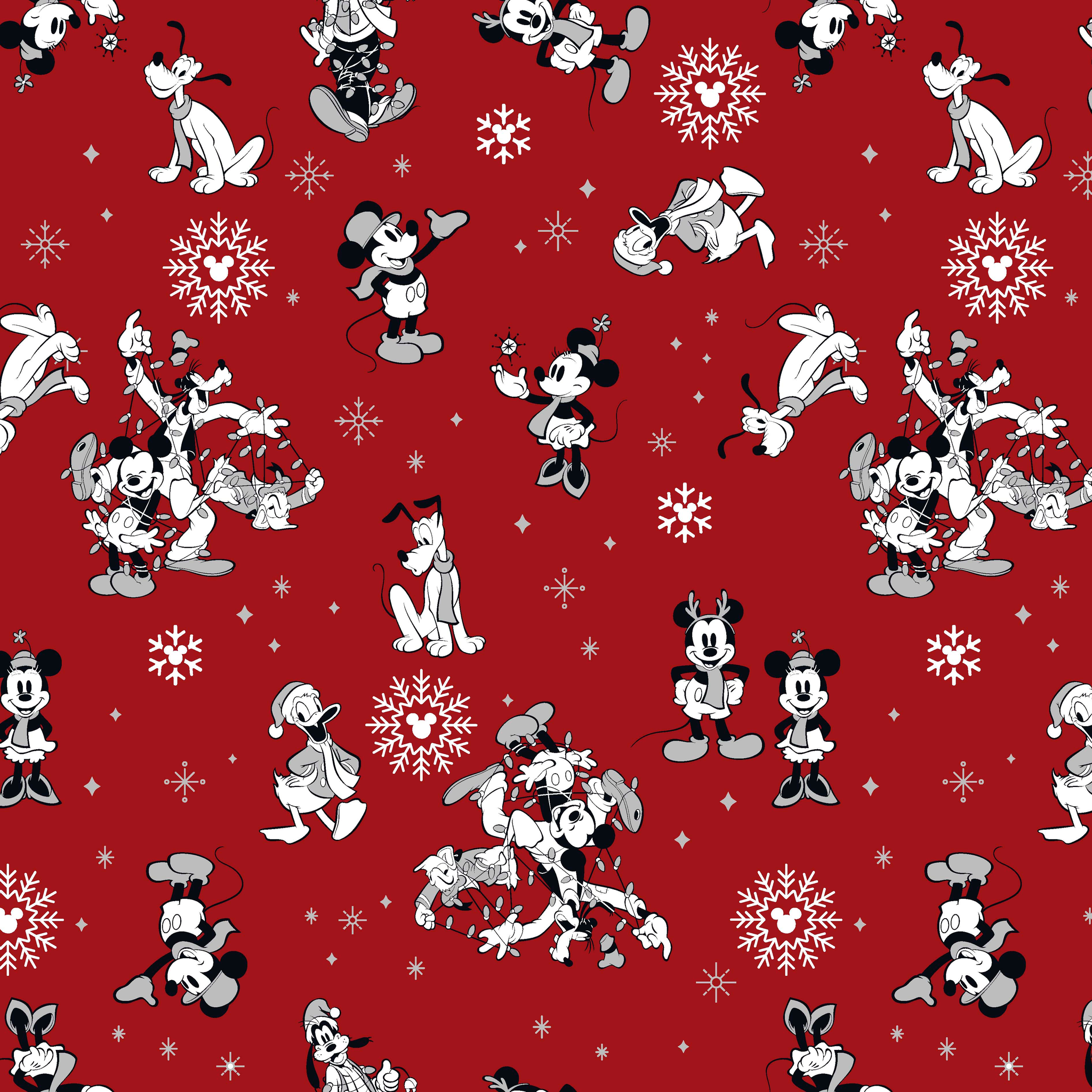 Christmas pattern with Disney characters and snowflakes on red background tiled preview square