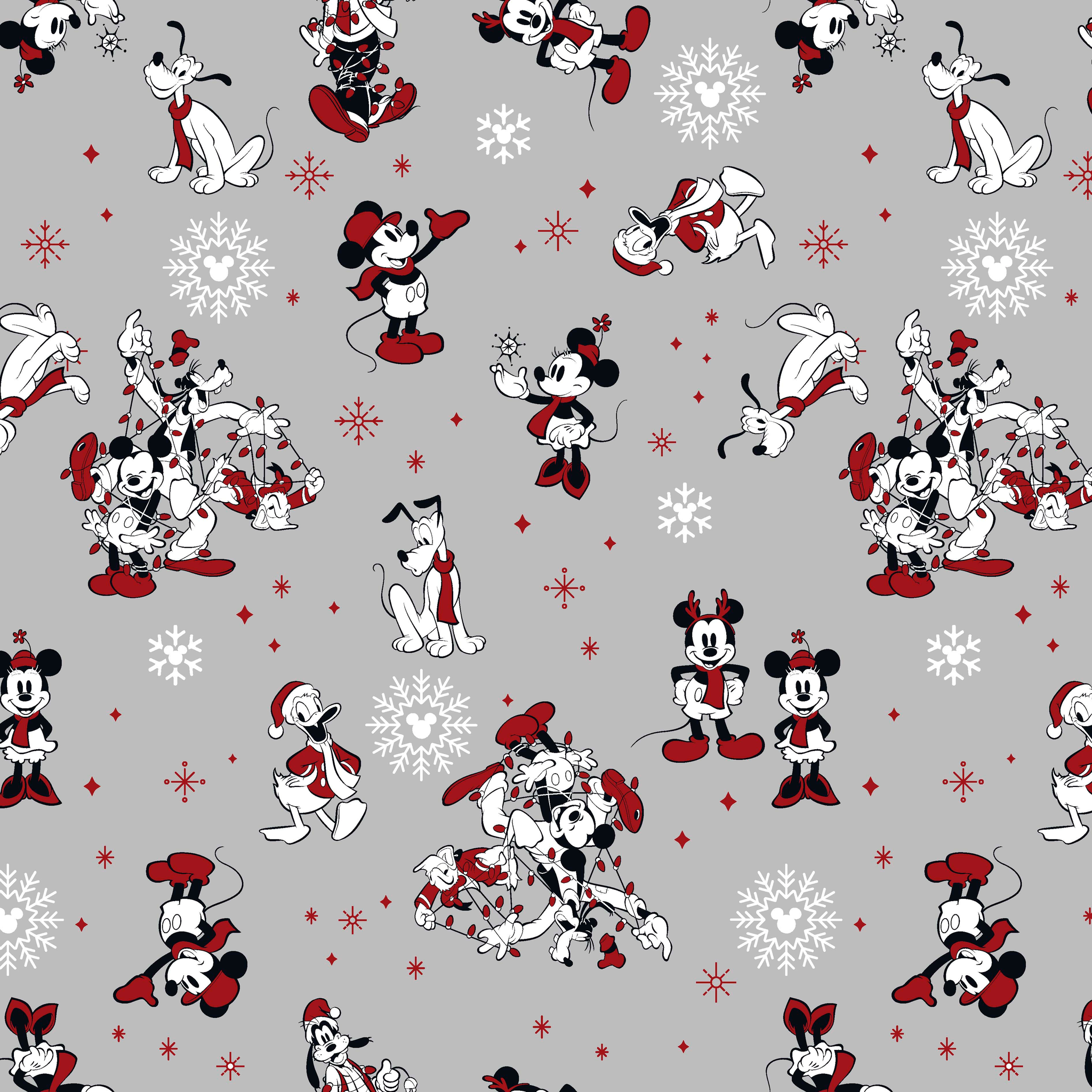 Mickey and Minnie Mouse characters in winter attire with snowflakes on gray background tiled preview square