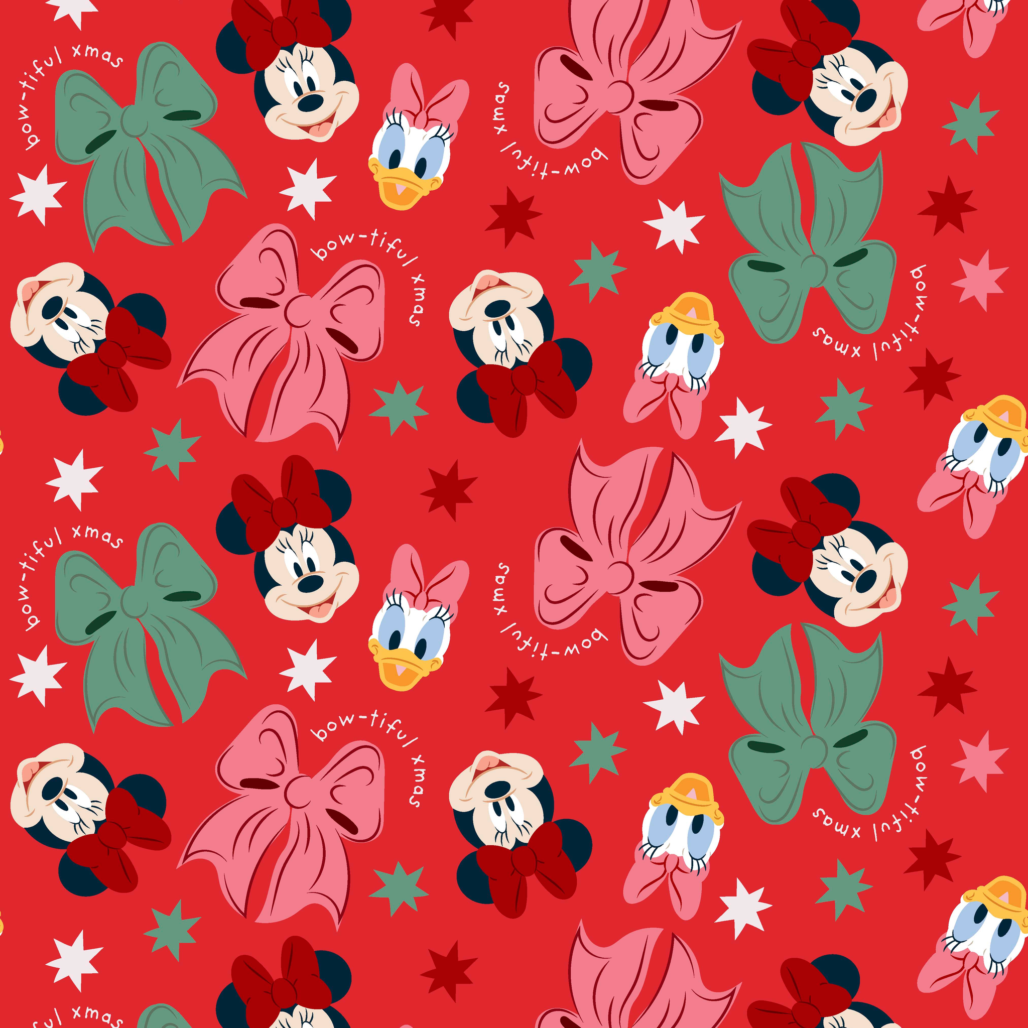 Disney character pattern with Minnie Mouse, Mickey Mouse and Donald Duck on red background with bows and stars tiled preview square