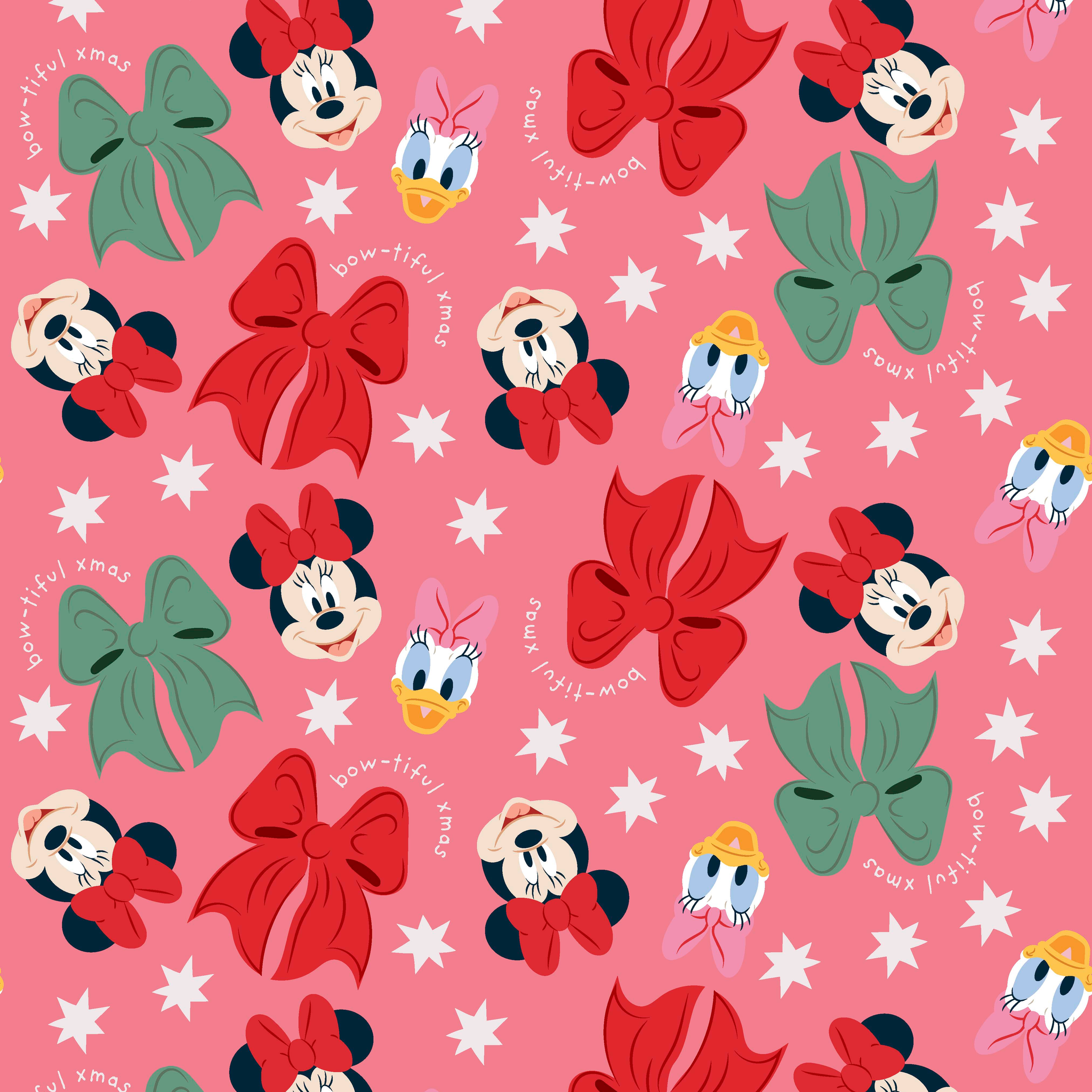Disney character pattern with Mickey and Minnie Mouse, Donald Duck, bows in red and green on pink background with white stars tiled preview square