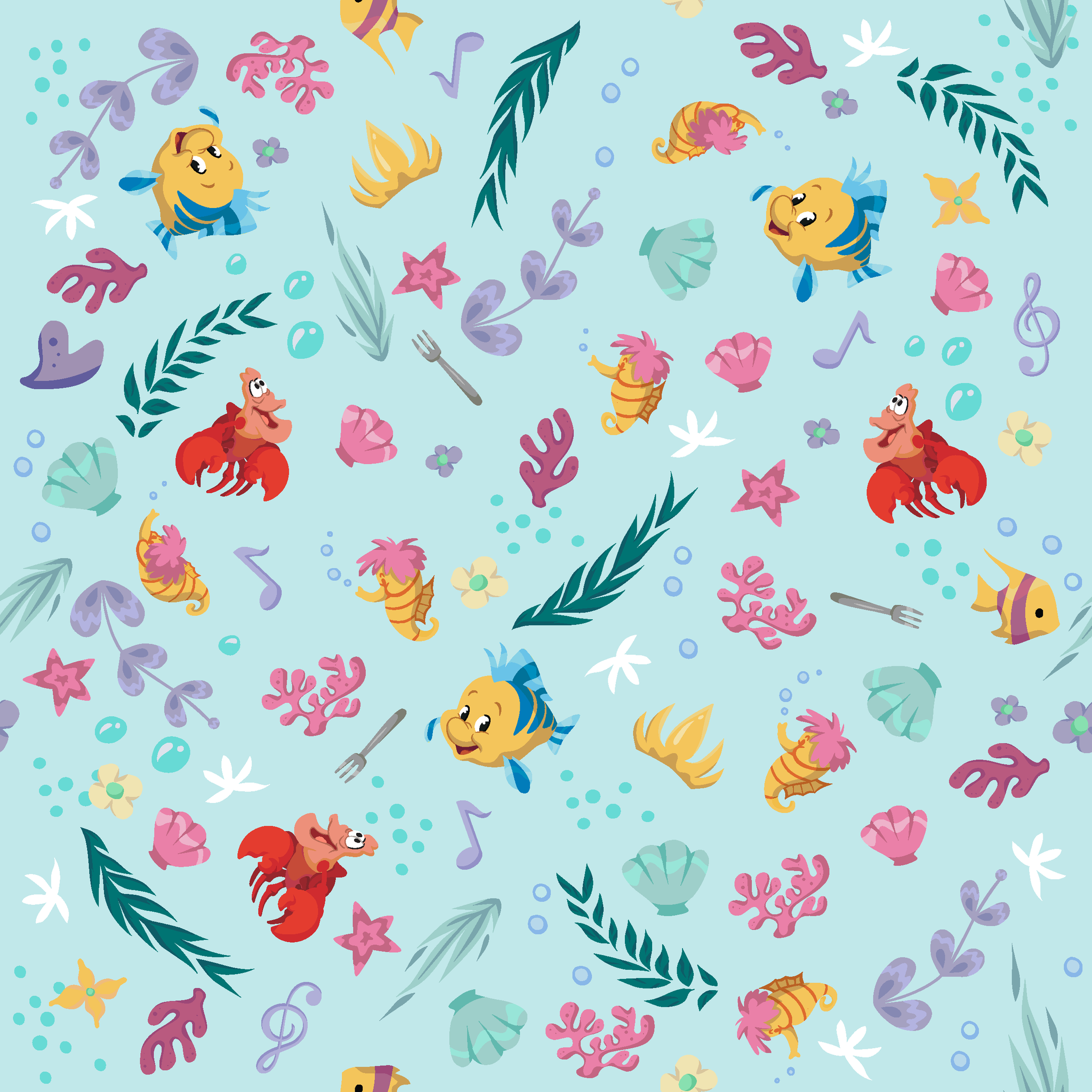 Disney The Little Mermaid Cute Underwater Friends Pattern on Blue, image size:2048x2048