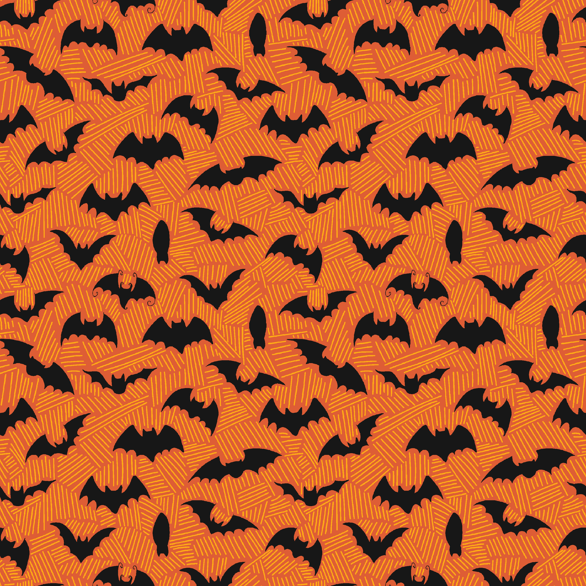 Halloween pattern with black bats scattered across an orange textured background tiled preview square