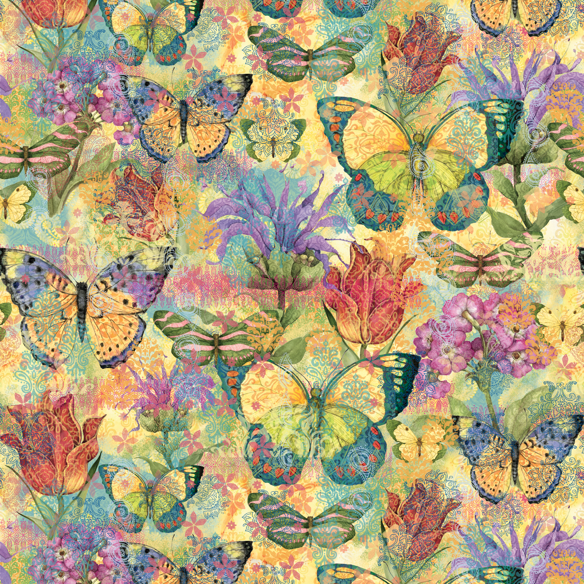 Colorful pattern of butterflies and flowers in vibrant yellows, purples, and reds with watercolor texture tiled preview square