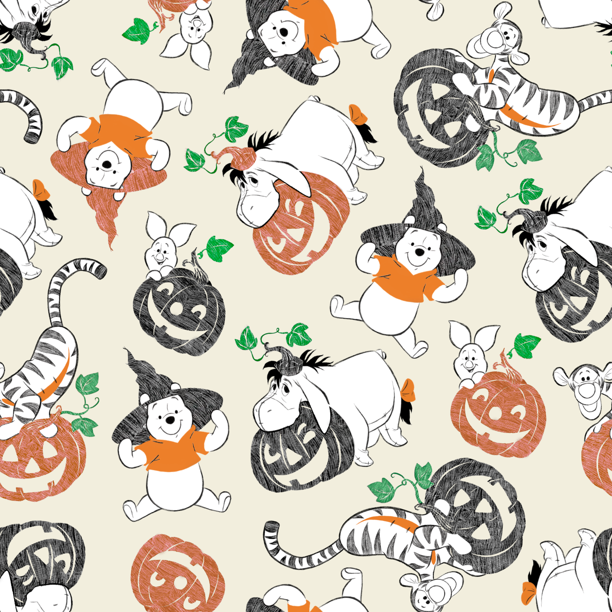 Whimsical Halloween pattern with cartoon ghosts, pumpkins, cats, and bears on cream background tiled preview square