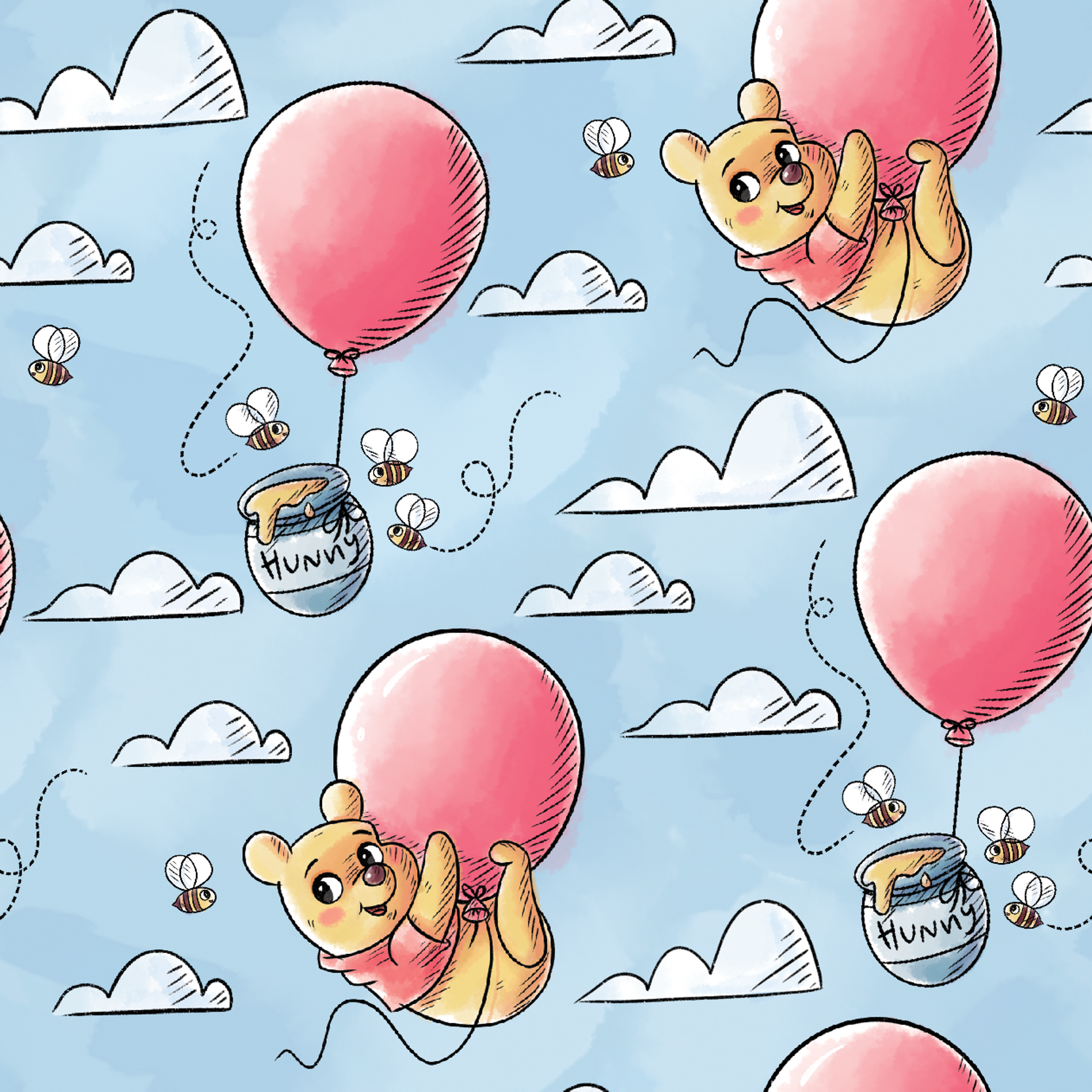 Cute yellow bear characters floating with pink balloons and honey pots against a blue sky with cl... tiled preview square