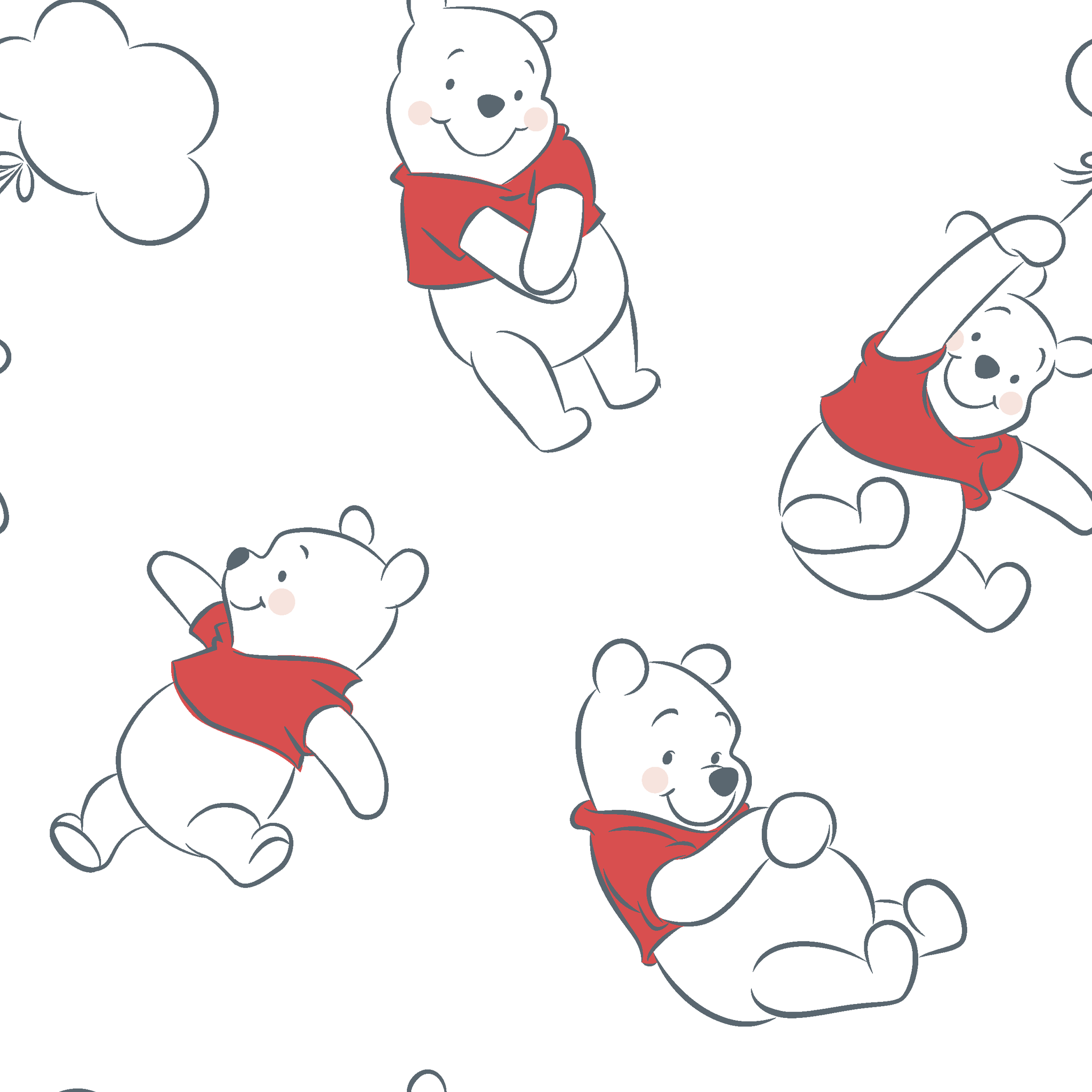 Illustration pattern of Winnie the Pooh in different poses wearing a red shirt on white background tiled preview square