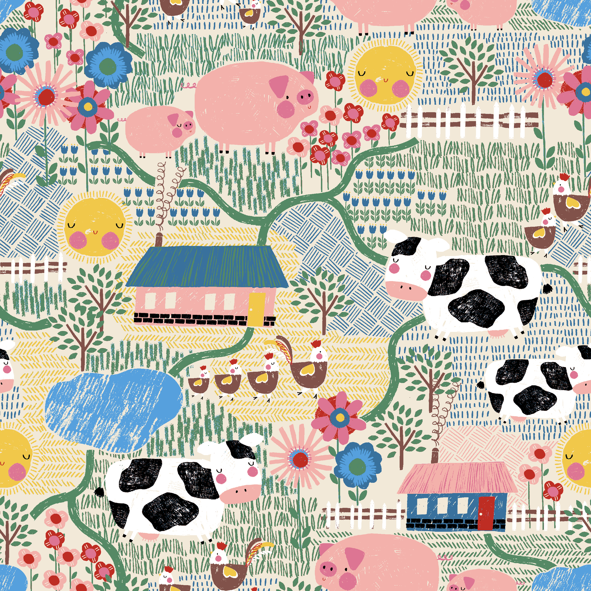 Colorful farm illustration with pink pigs, spotted cows, flowers, and small houses on textured ba... tiled preview square