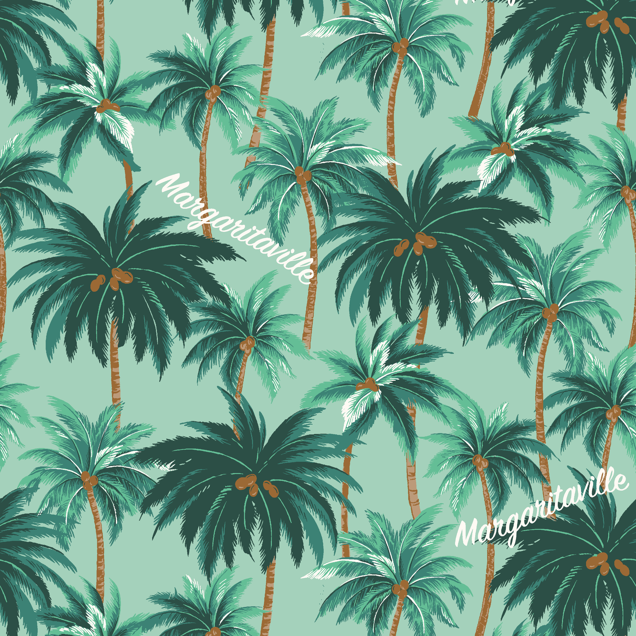 Margaritaville palm tree pattern on mint green background, tropical design with repeated dark green palms tiled preview square