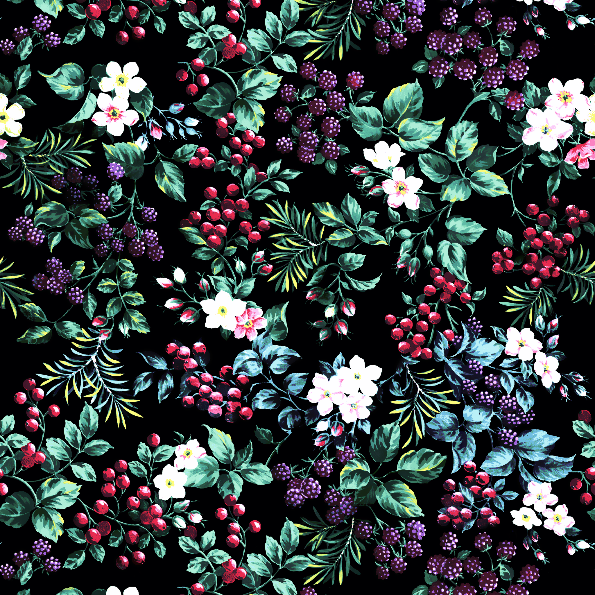 Colorful botanical pattern with white flowers, red cherries, purple blackberries, and green leaves on black background tiled preview square