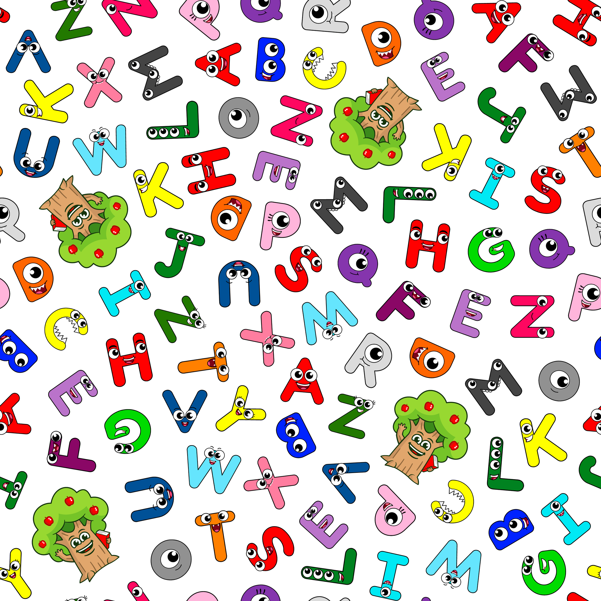 Colorful cartoon alphabet letters scattered randomly on white background with small monster characters tiled preview square