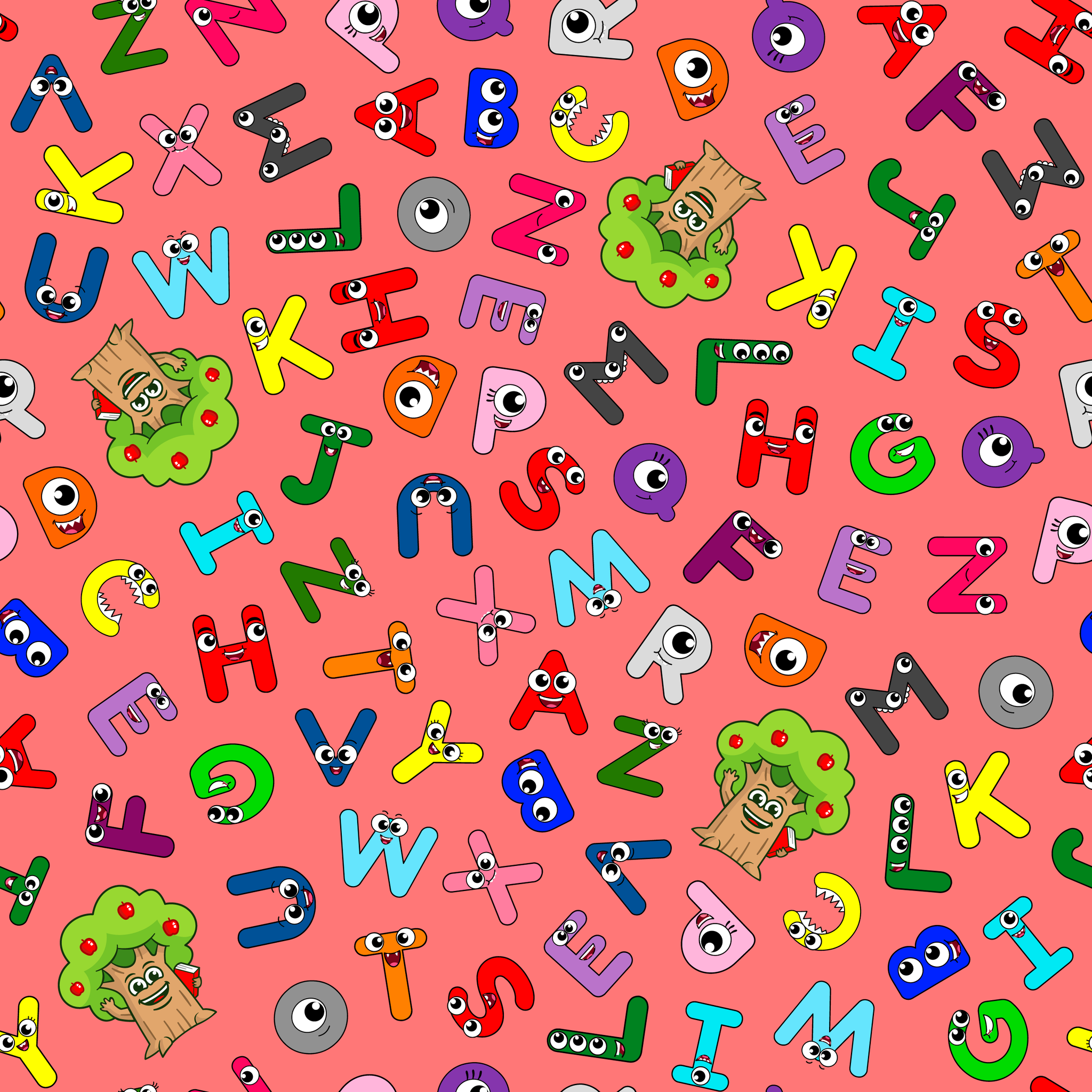 Colorful alphabet pattern with cartoon letter characters on bright pink background tiled preview square