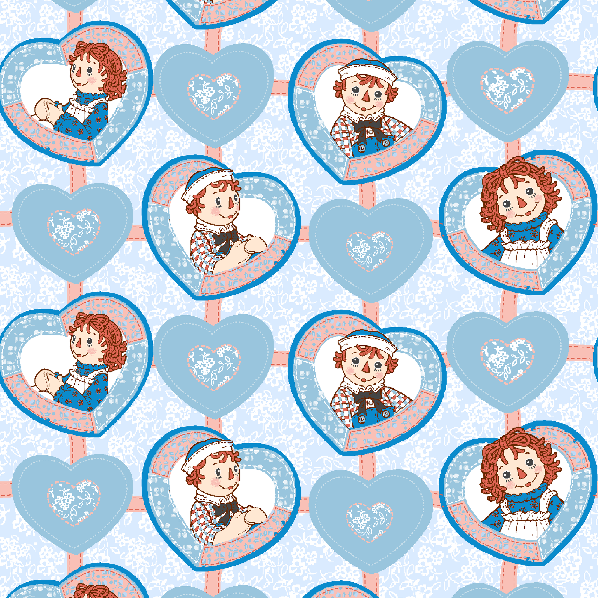 Raggedy Ann and Andy Heart Patch Blue | Fabric by the Yard