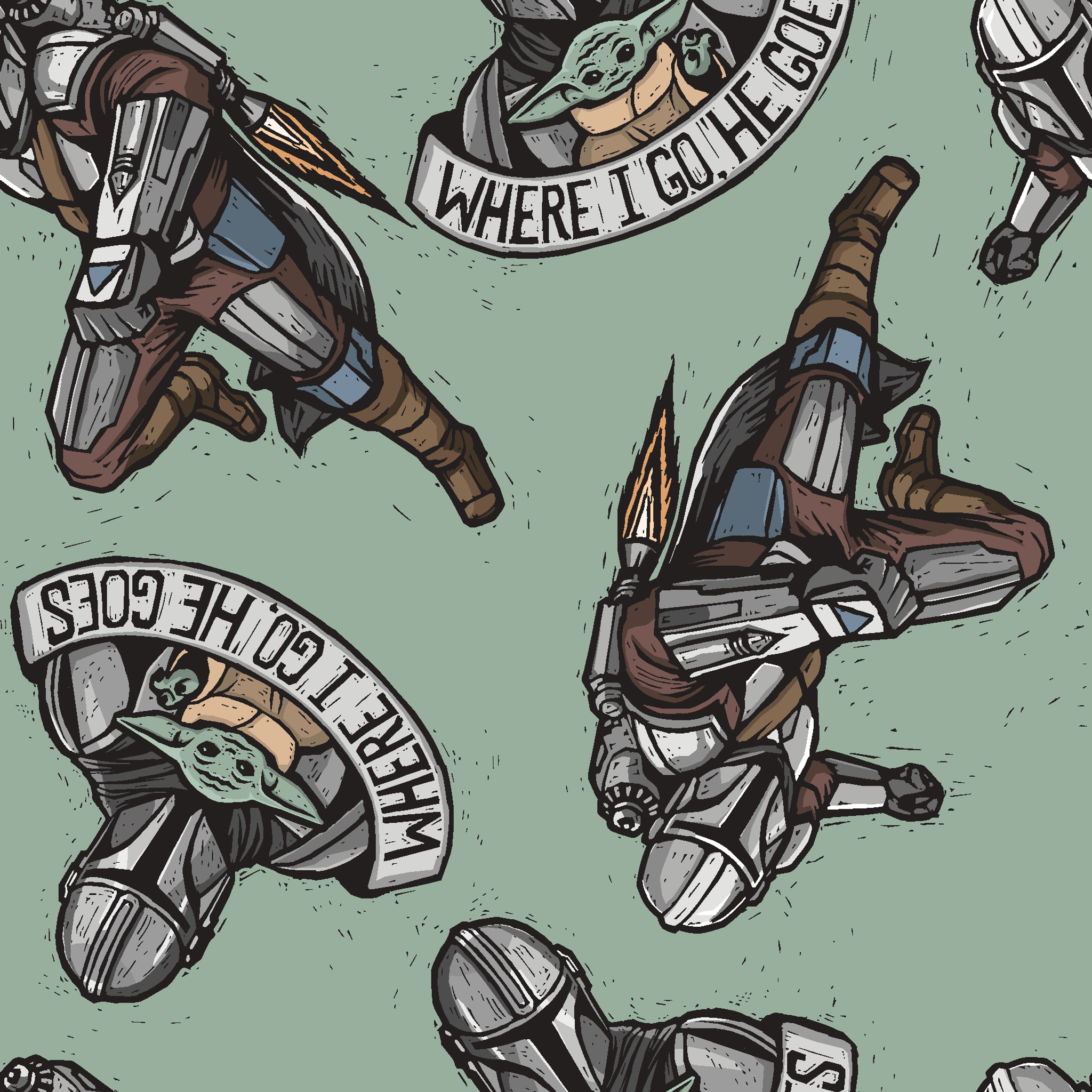 Star Wars-themed pattern featuring Mandalorian helmets with "Where I go, the child goes" banners on mint green background. tiled preview square