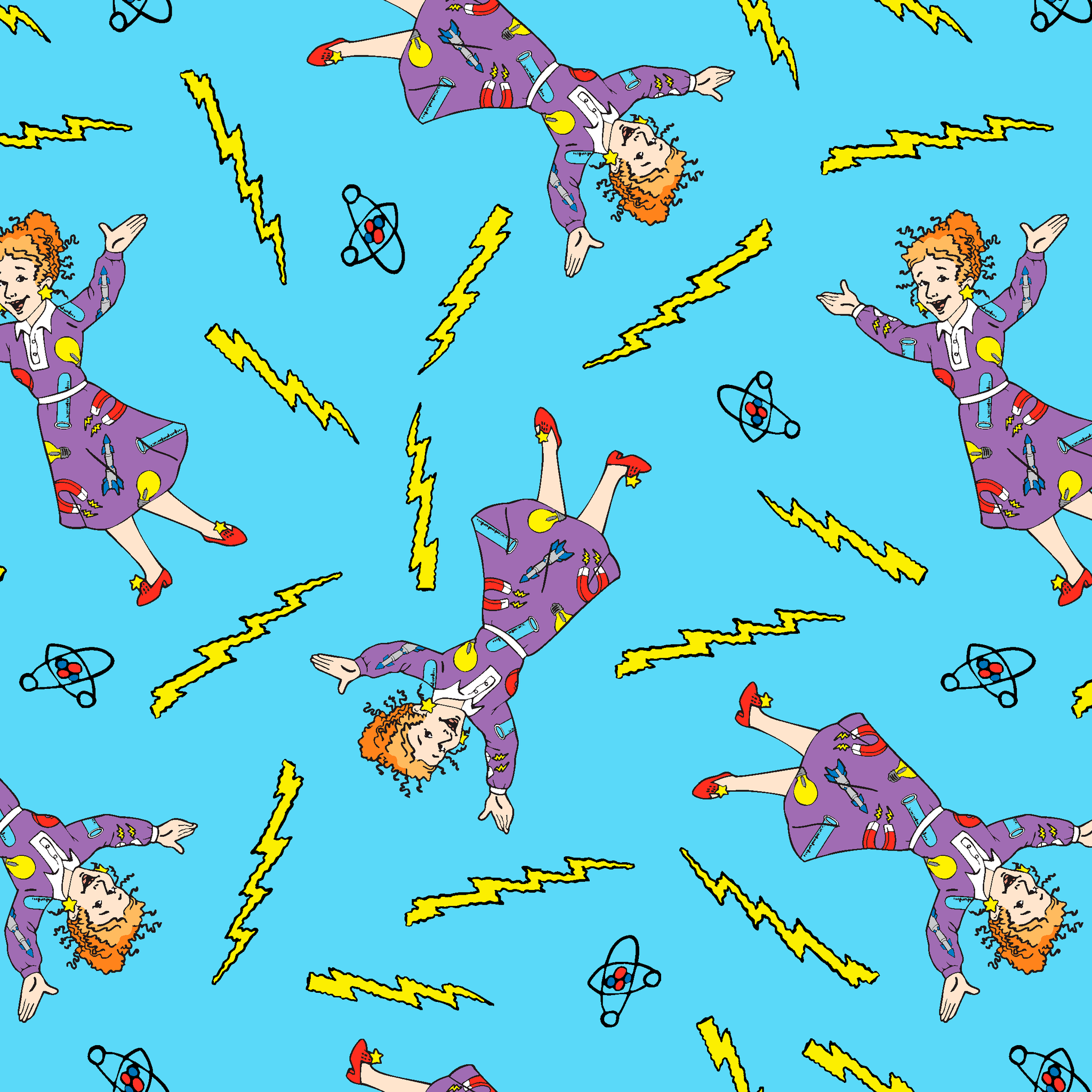 The Magic School Bus Ms. Frizzle Toss on Blue | Cotton Fabric by the Yard | Printed in the USA The Magic School Bus Ms. Frizzle Toss on Blue | Cotton Fabric by the Yard | Printed in the USA