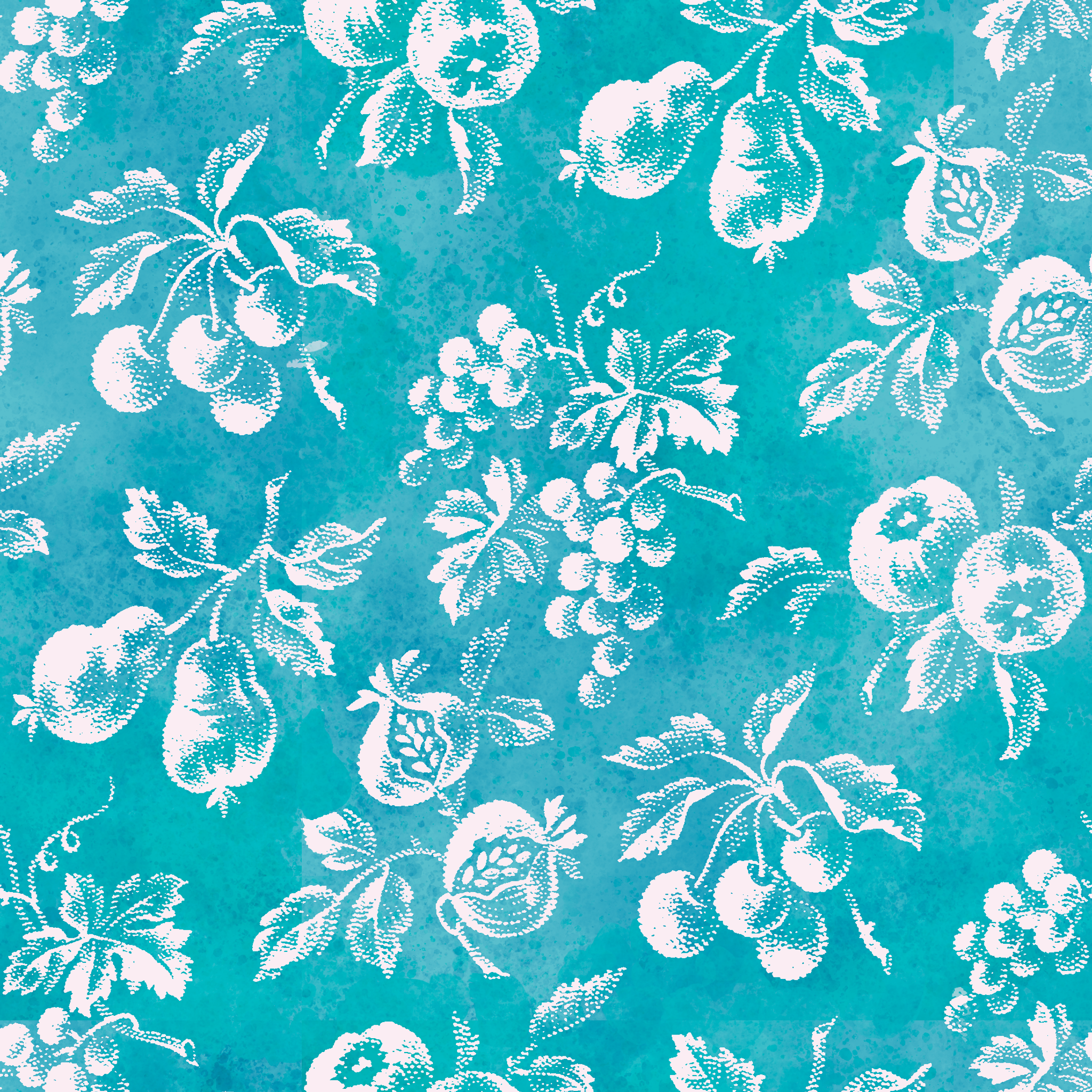Teal background with white vintage fruit pattern featuring cherries, grapes, and pears tiled preview square