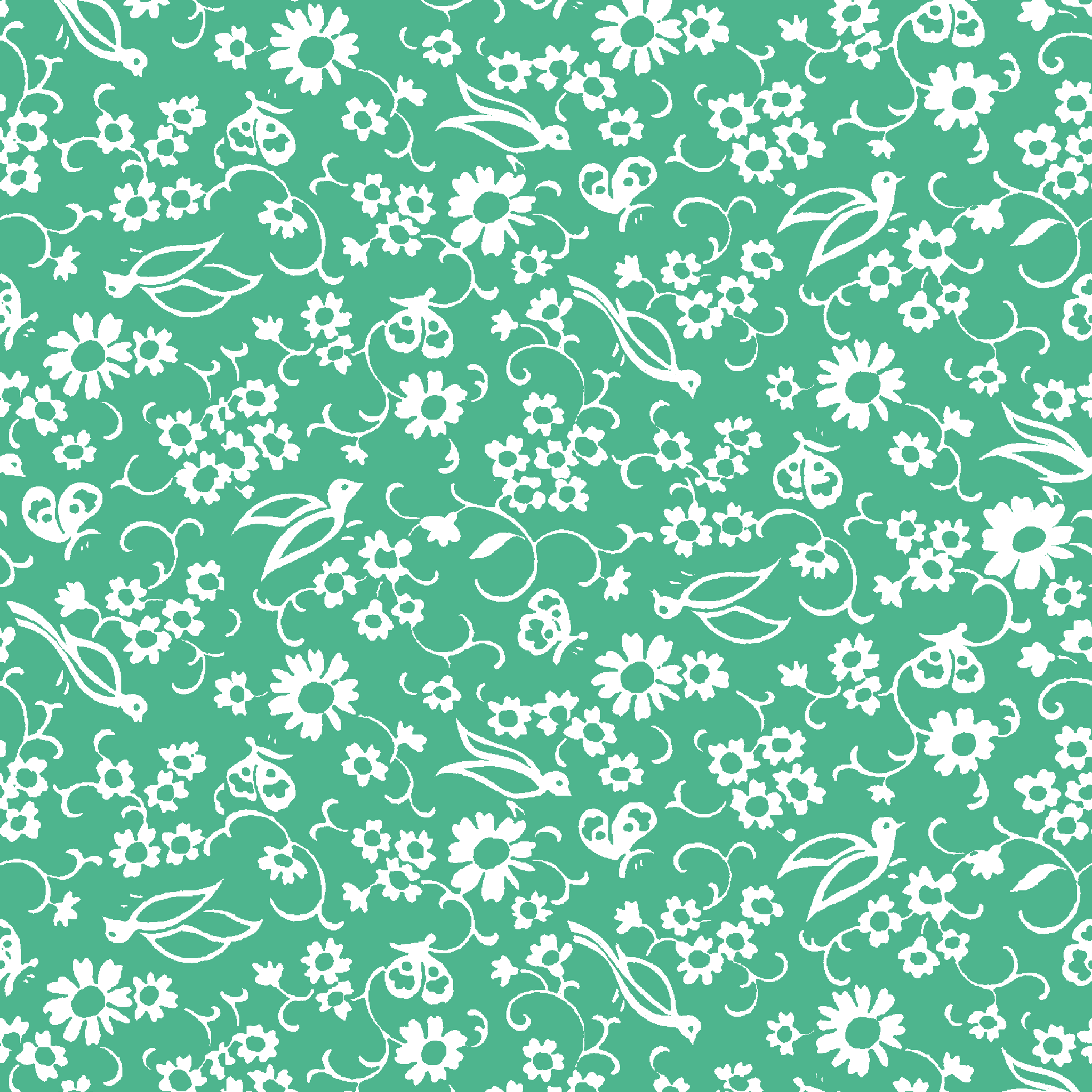 White floral pattern with delicate blooms and leaves on a mint green background tiled preview square