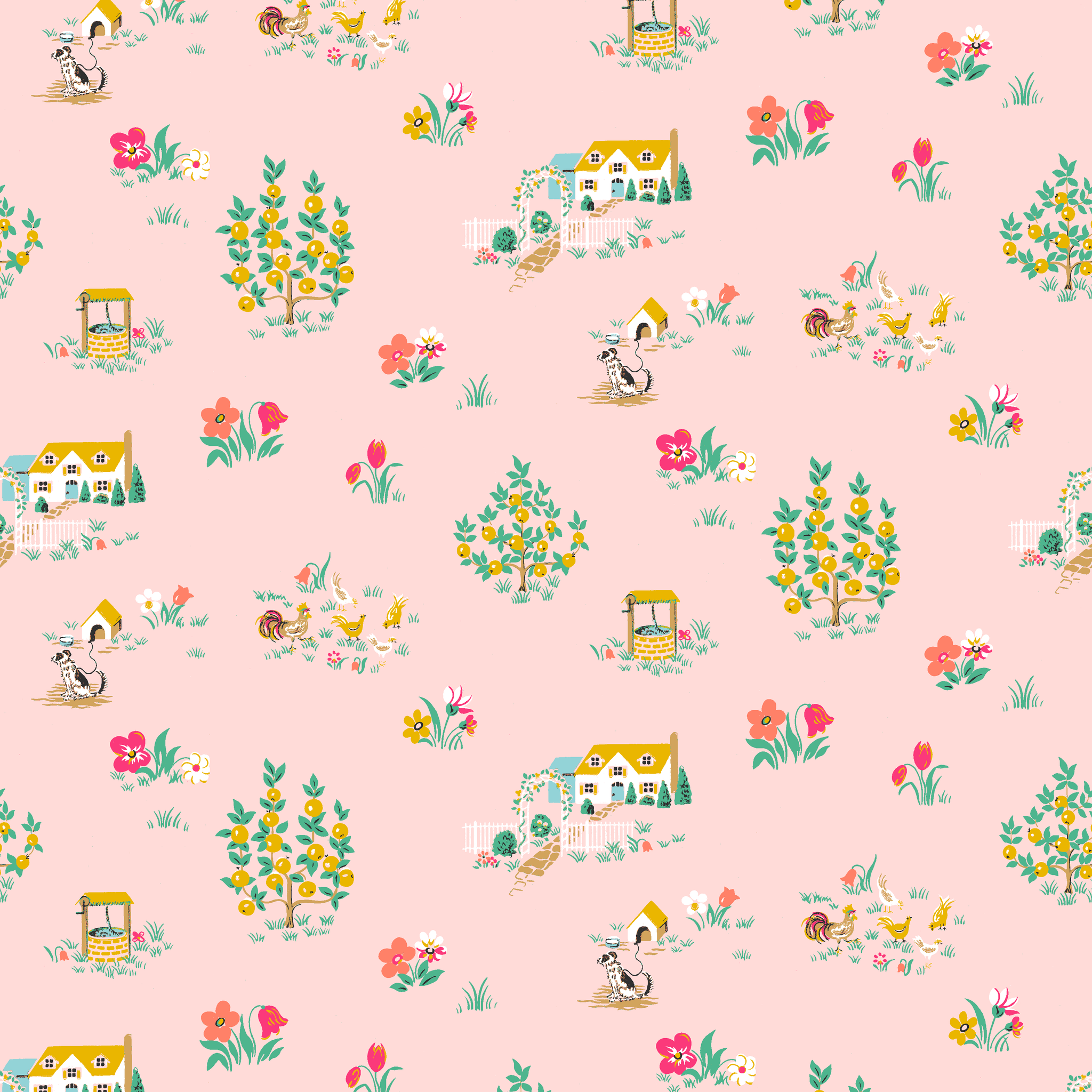Whimsical pink pattern with cottages, flower bouquets, and garden scenes in yellow and coral tiled preview square