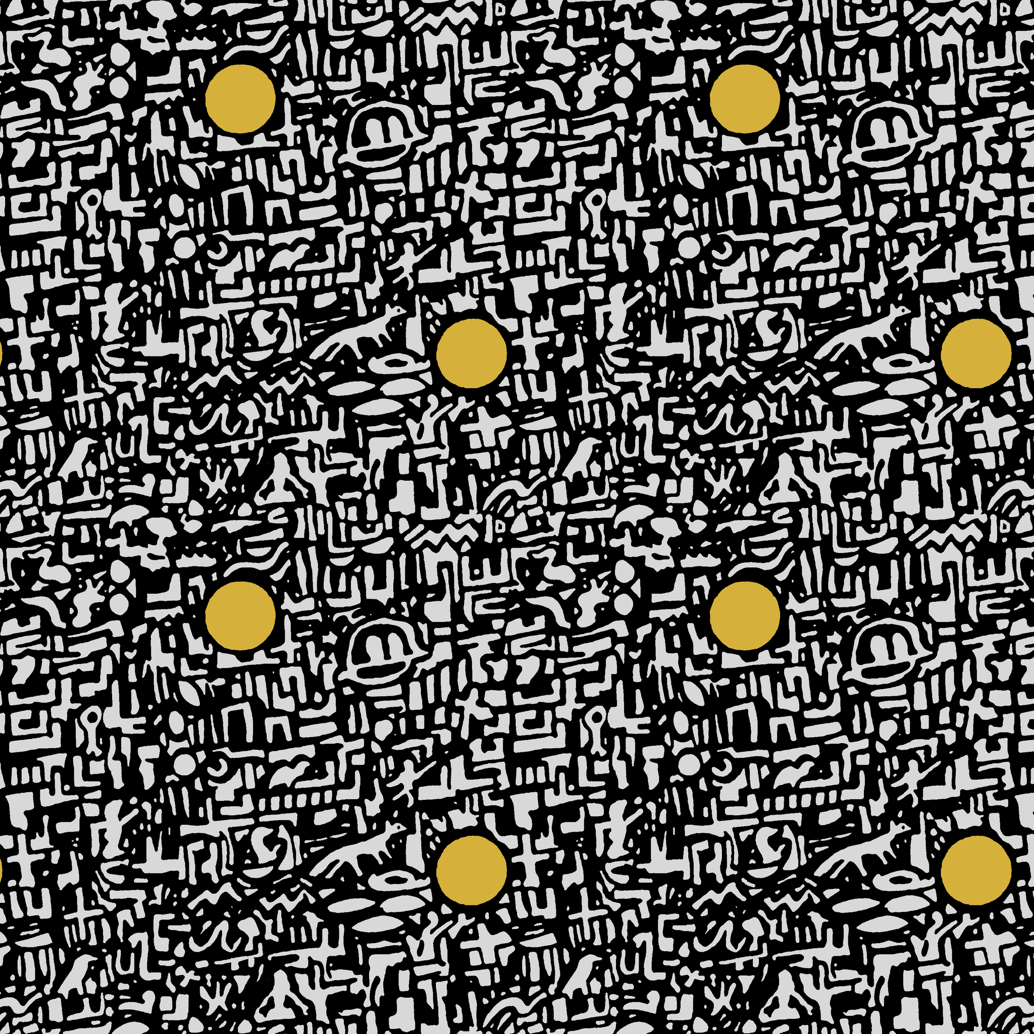 Abstract black and white maze pattern with scattered golden yellow dots arranged in a grid tiled preview square