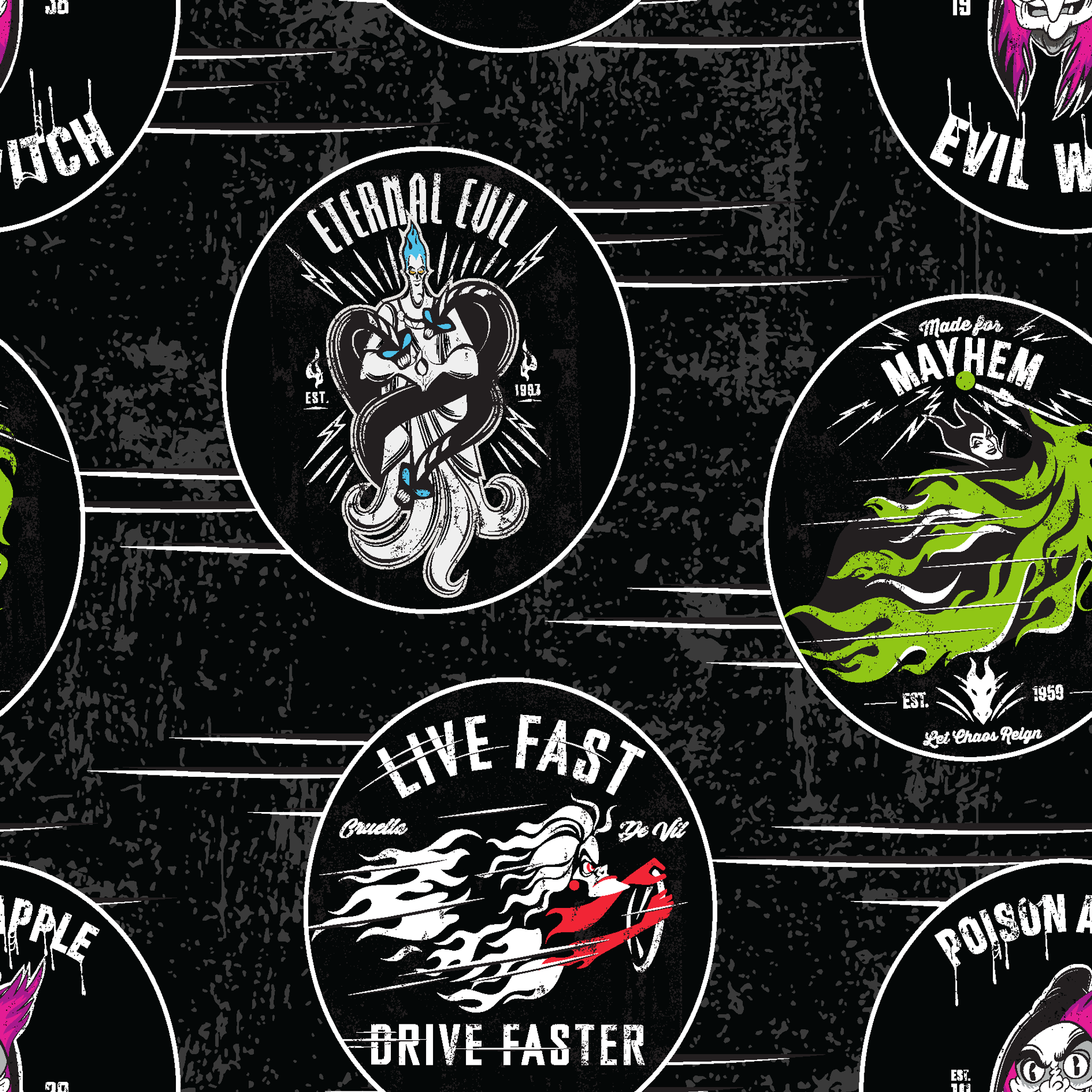 Punk-style Disney Villain circular badges including "Eternal Evil," "Live Fast Drive Faster," and green "Mayhem" designs on black background tiled preview square