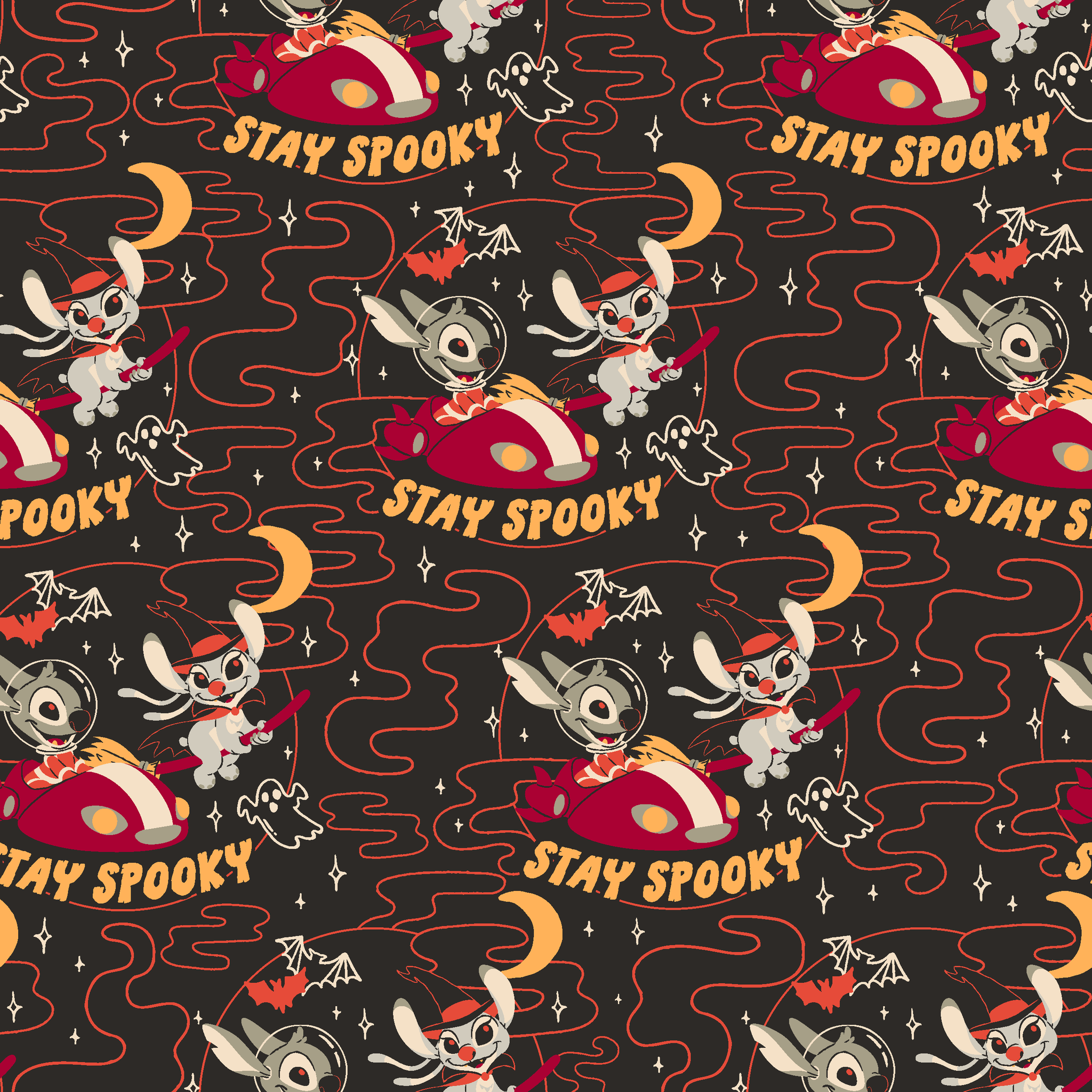 Repeating Halloween pattern with Stitch, "STAY SPOOKY" text, crescent moons, and swirling red lines on dark background. tiled preview square
