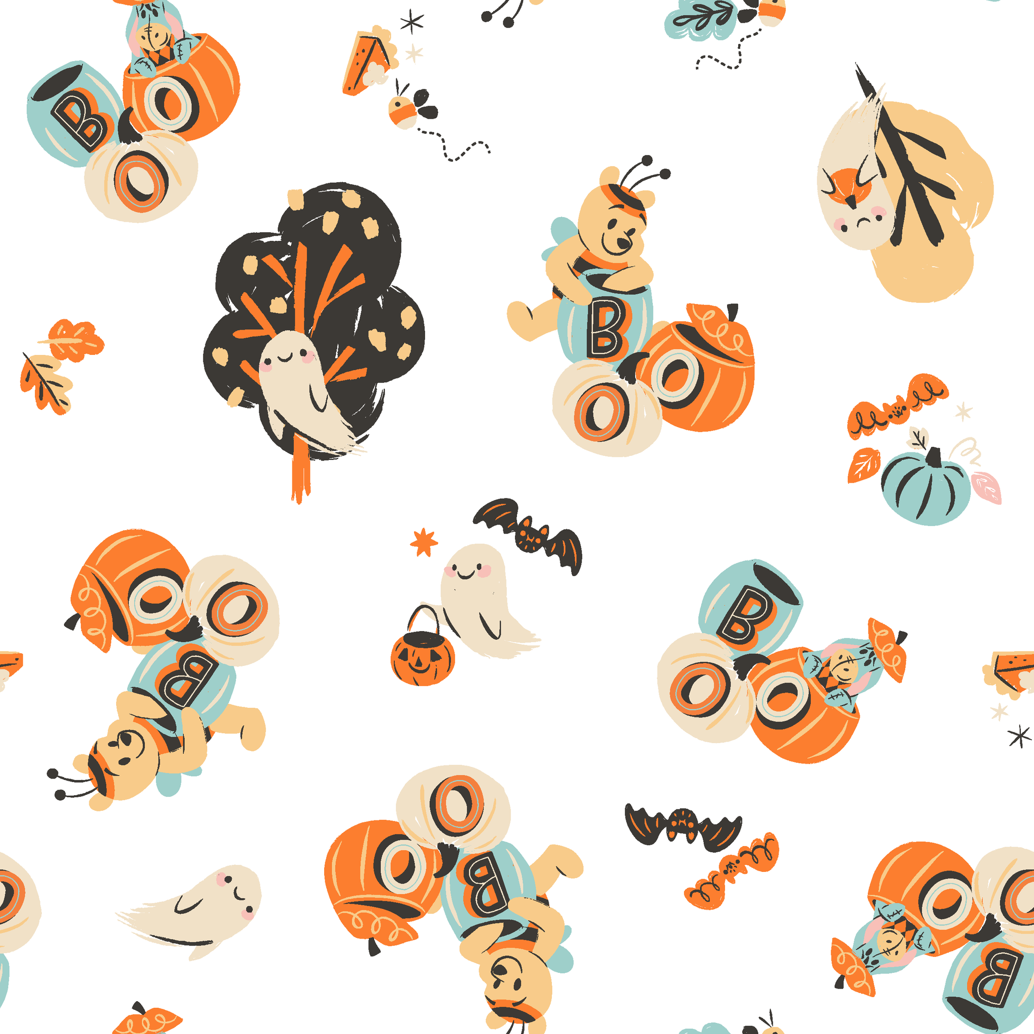 Halloween-themed pattern with Winnie the Pooh characters, pumpkins, and autumn motifs in orange, teal and black on white background. tiled preview square