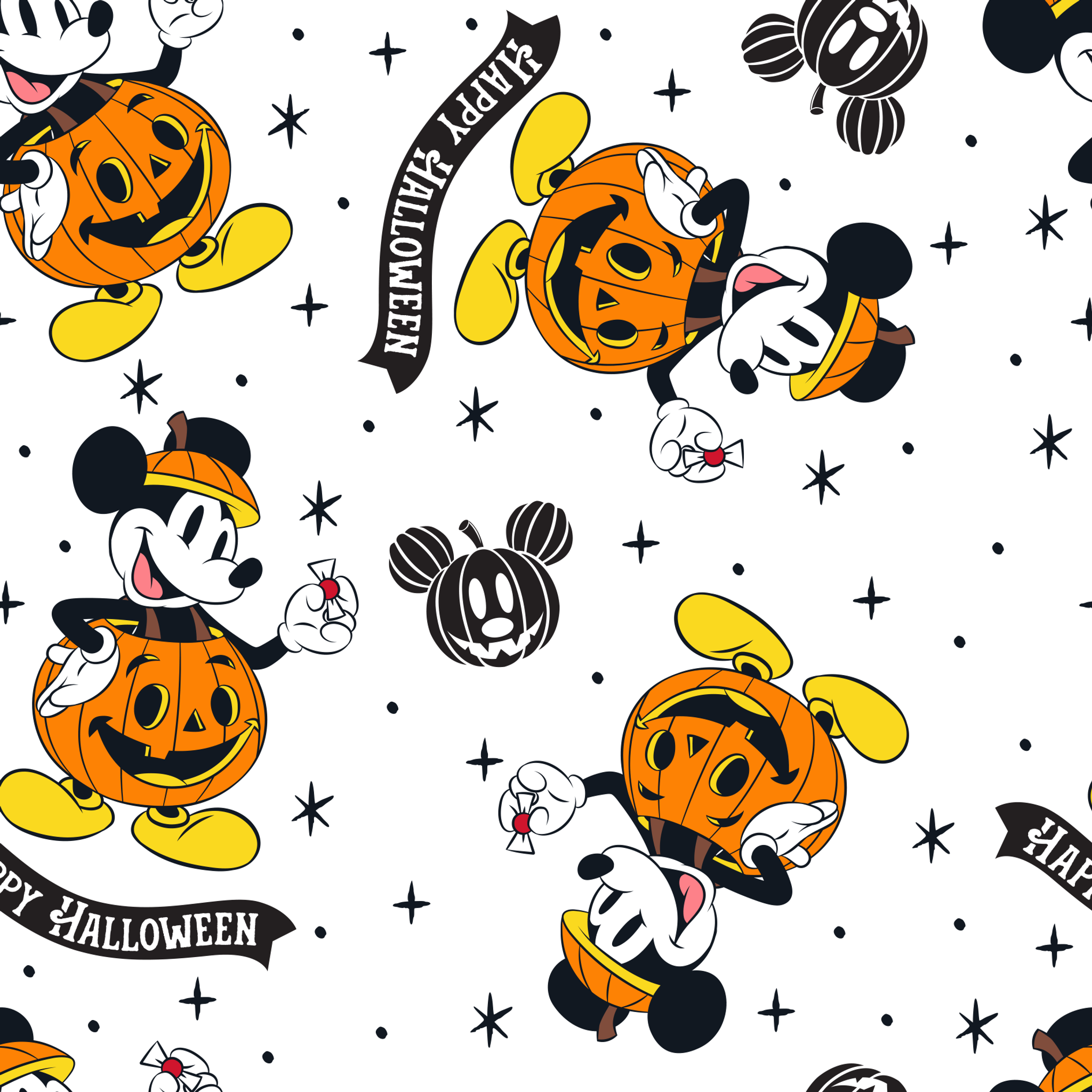 Mickey Mouse Halloween pattern dressed as pumpkins on white background with stars and "Happy Halloween" text tiled preview square