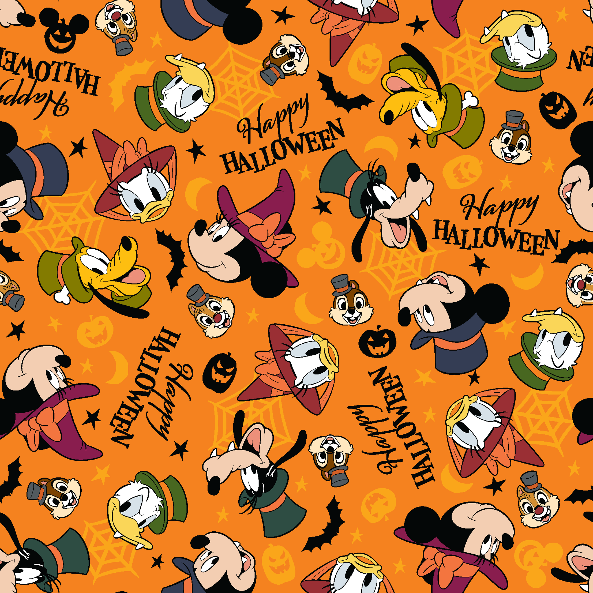 Disney characters in Halloween costumes on orange background with pumpkins and "Happy Halloween" text tiled preview square
