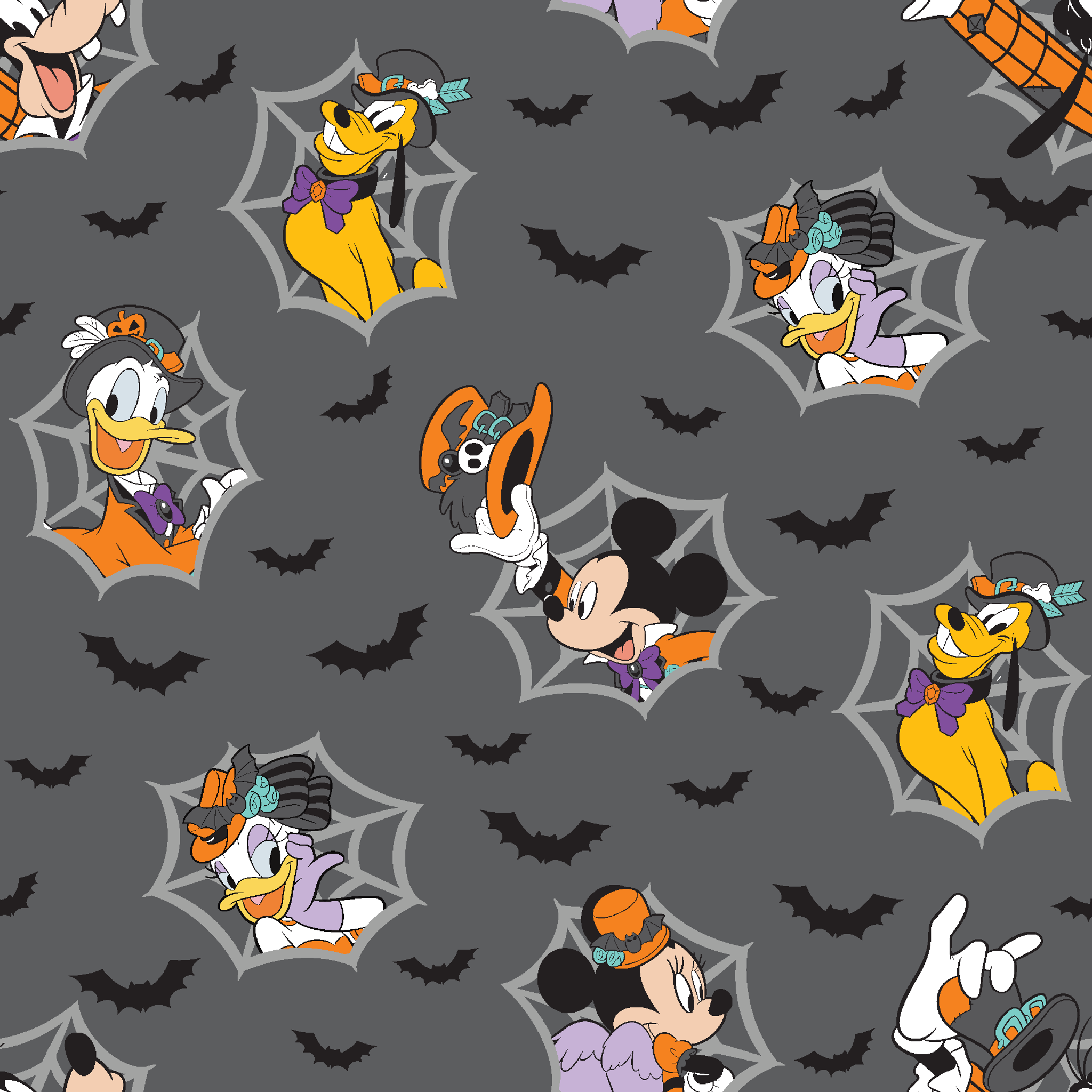Disney cartoon characters in Halloween costumes on gray background with spider webs and bats tiled preview square