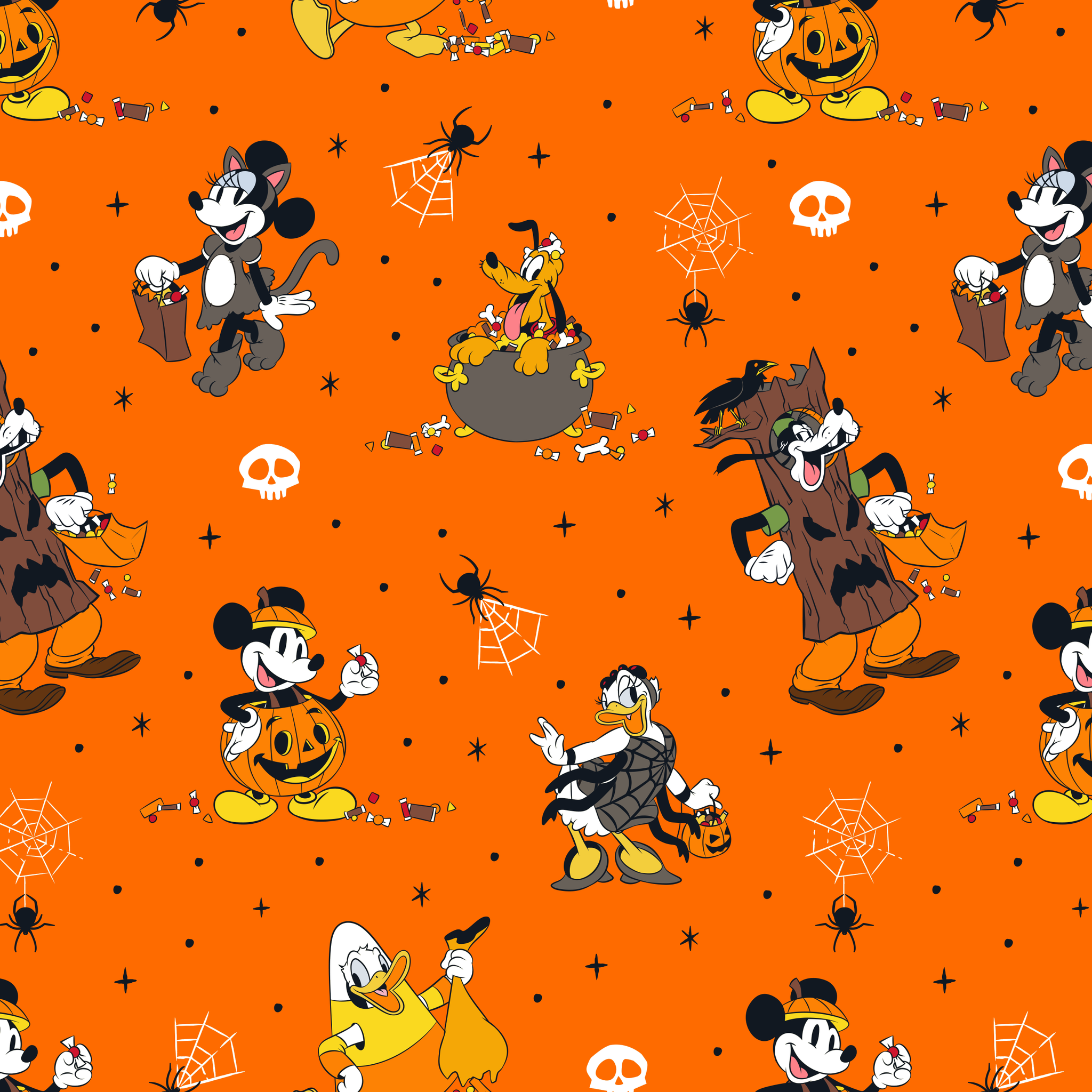 Halloween-themed orange pattern with Disney characters in costumes, spiderwebs, and skulls tiled preview square