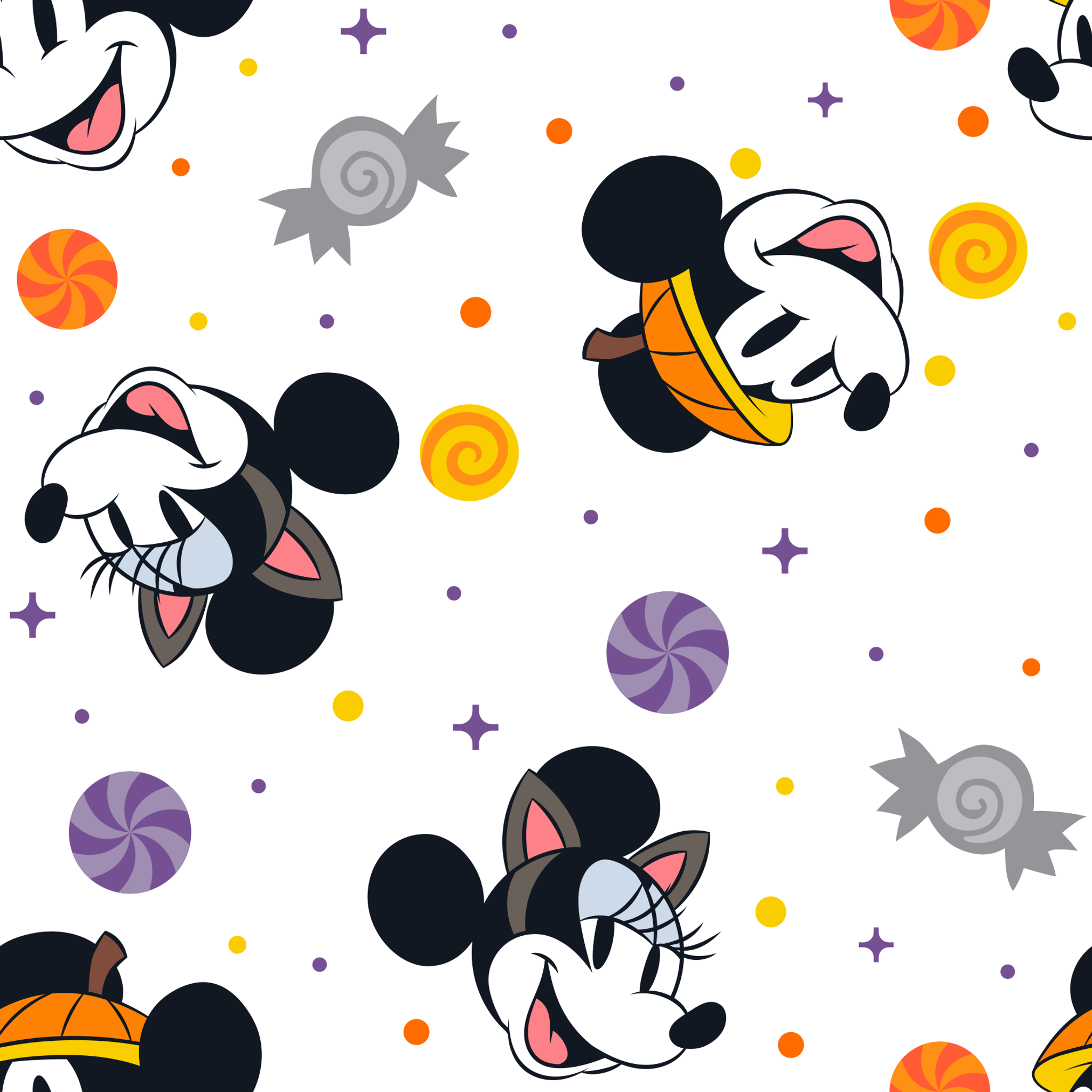 Mickey and Minnie Mouse cartoon heads scattered with wrapped candies and colorful dots on white background tiled preview square