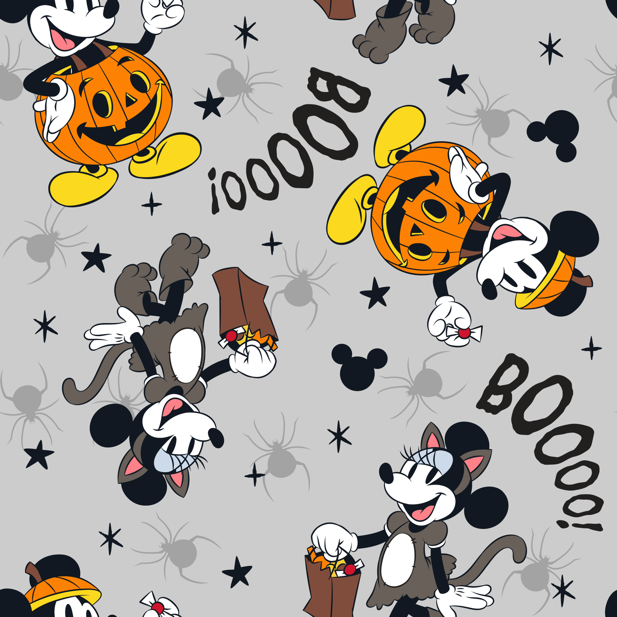 Mickey Mouse Halloween pattern with pumpkins, spiders, bats, "BOO!" text on gray background tiled preview square