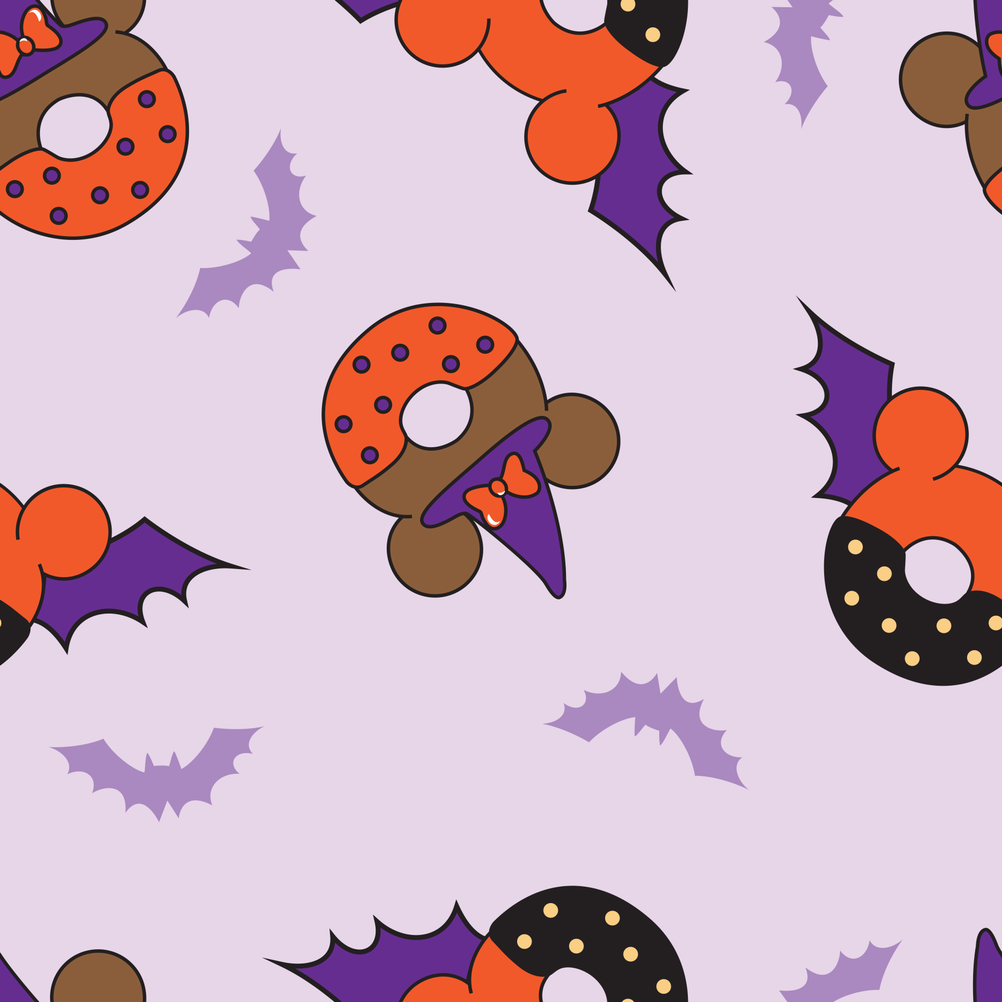 Disney Halloween-themed pattern with orange and black donuts, purple bat wings, and light purple bats on lavender background tiled preview square