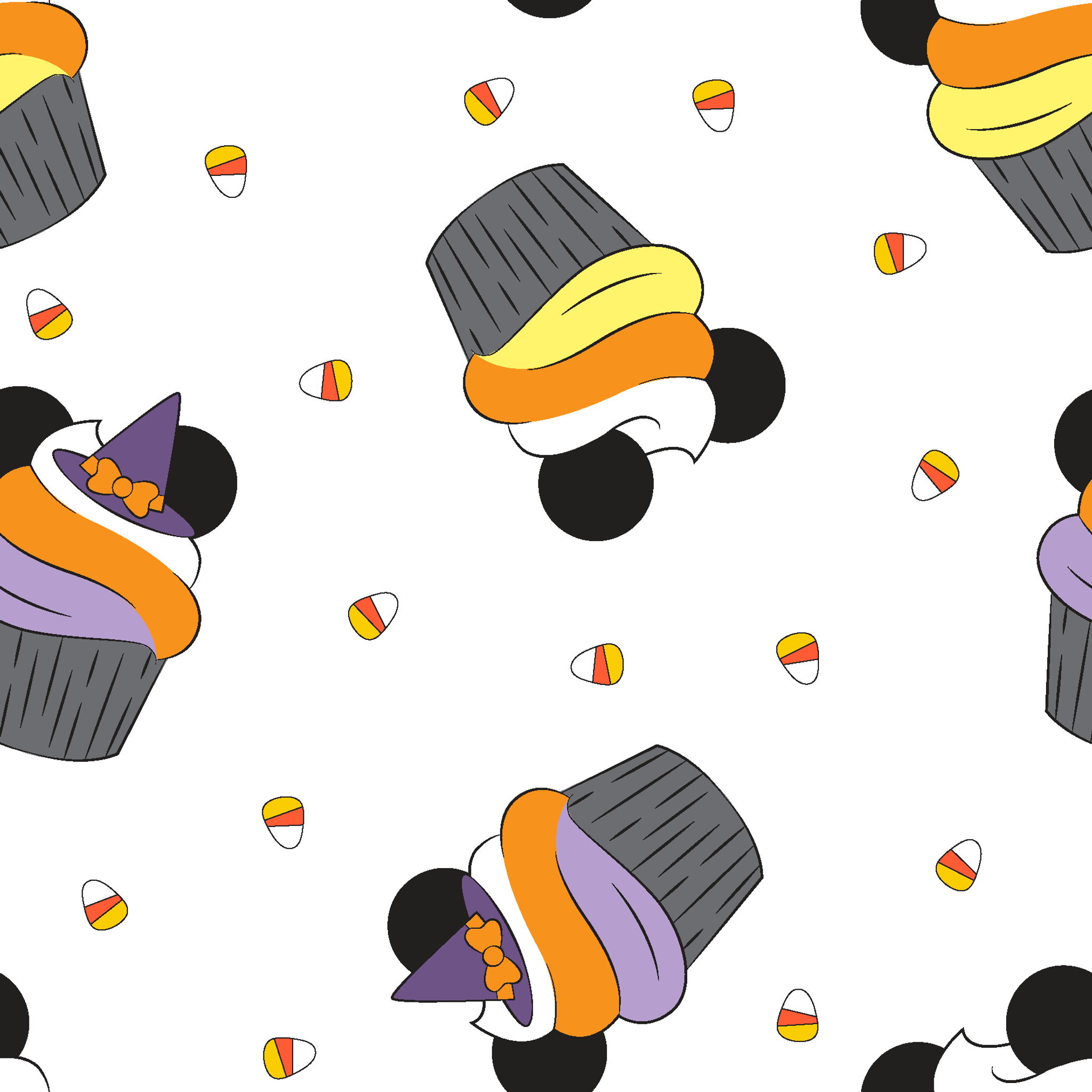 Disney cupcakes with black circular elements and colorful frosting in orange, yellow, and purple on a white background. tiled preview square