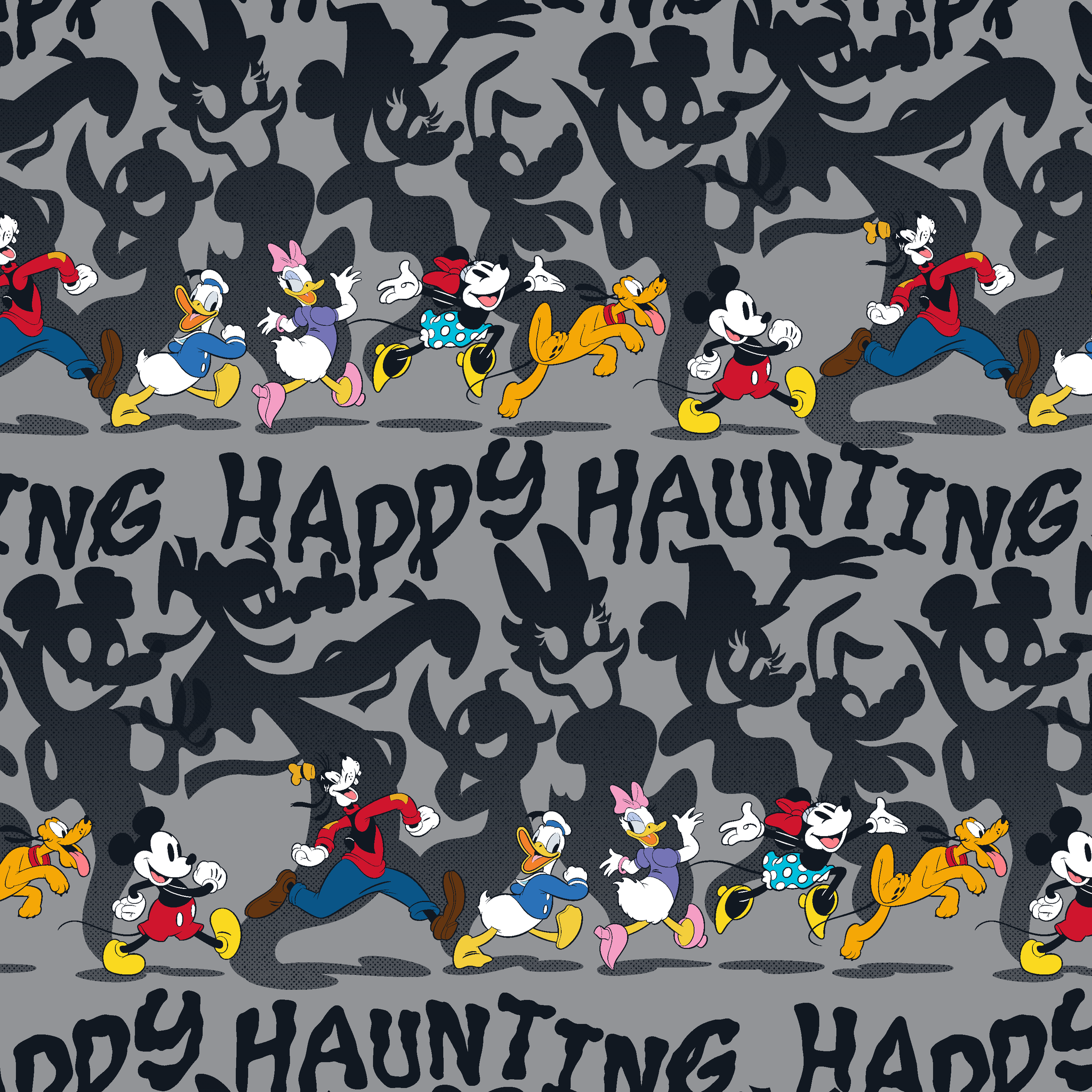 Classic Disney characters on dark gray background with "Happy Haunting" text, Mickey, Donald, and friends in Halloween-themed poses. tiled preview square