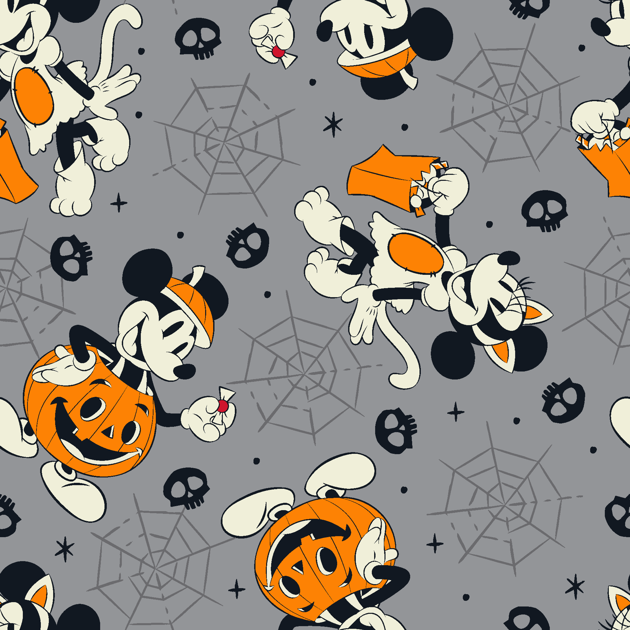 Cartoon dog characters in Halloween costumes with pumpkins on gray background with spider webs and skulls tiled preview square
