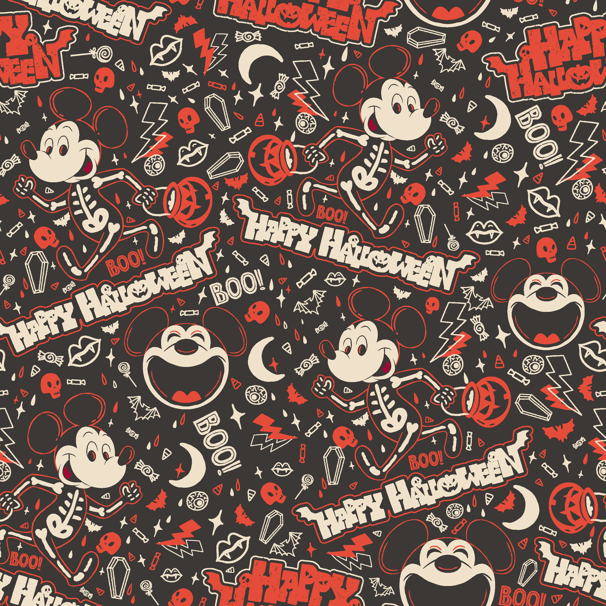 Mickey Mouse Halloween pattern with bats, pumpkins, and "Happy Halloween" text on dark background tiled preview square