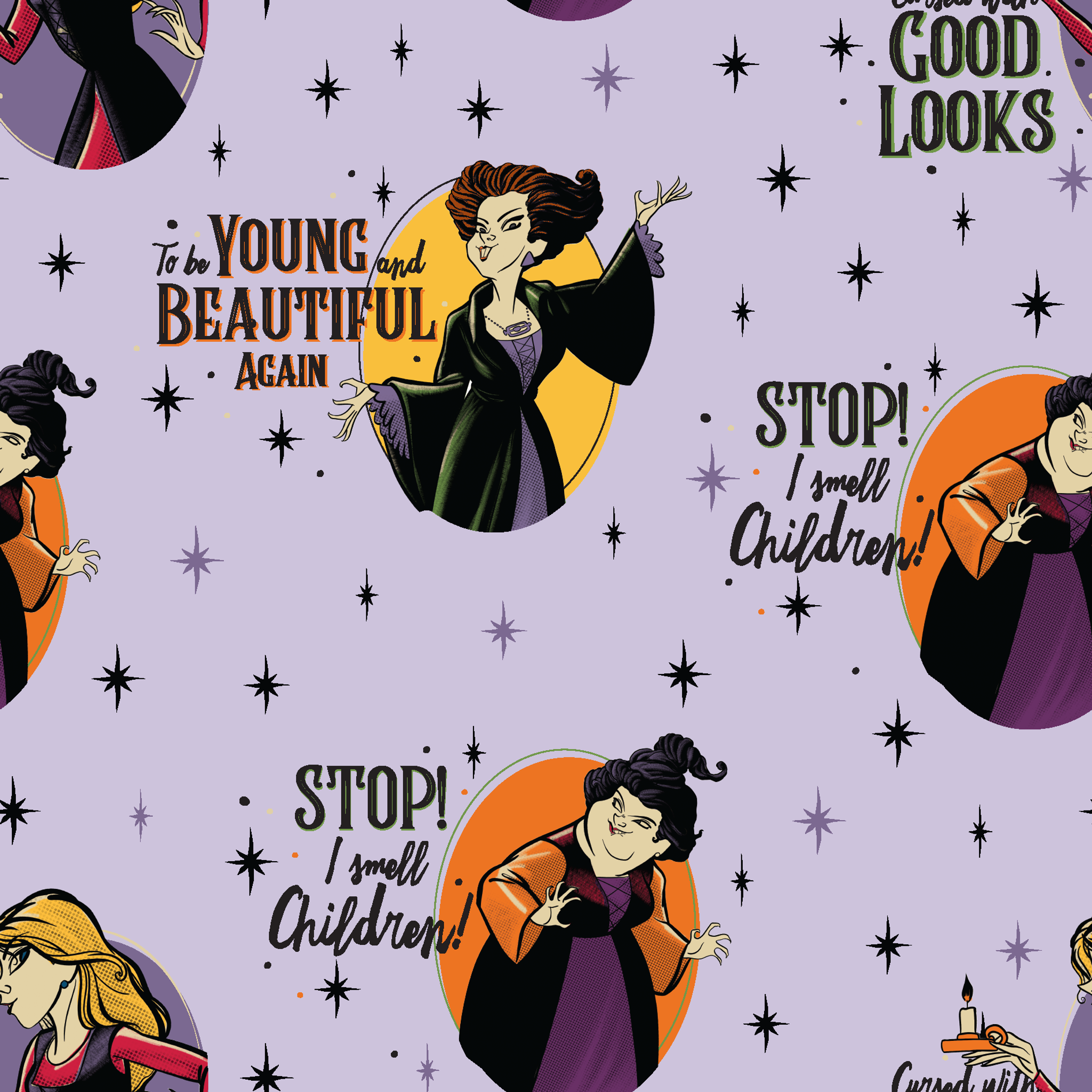 Disney villains pattern with circular portraits on purple starry background featuring animated characters and quote catchphrases tiled preview square