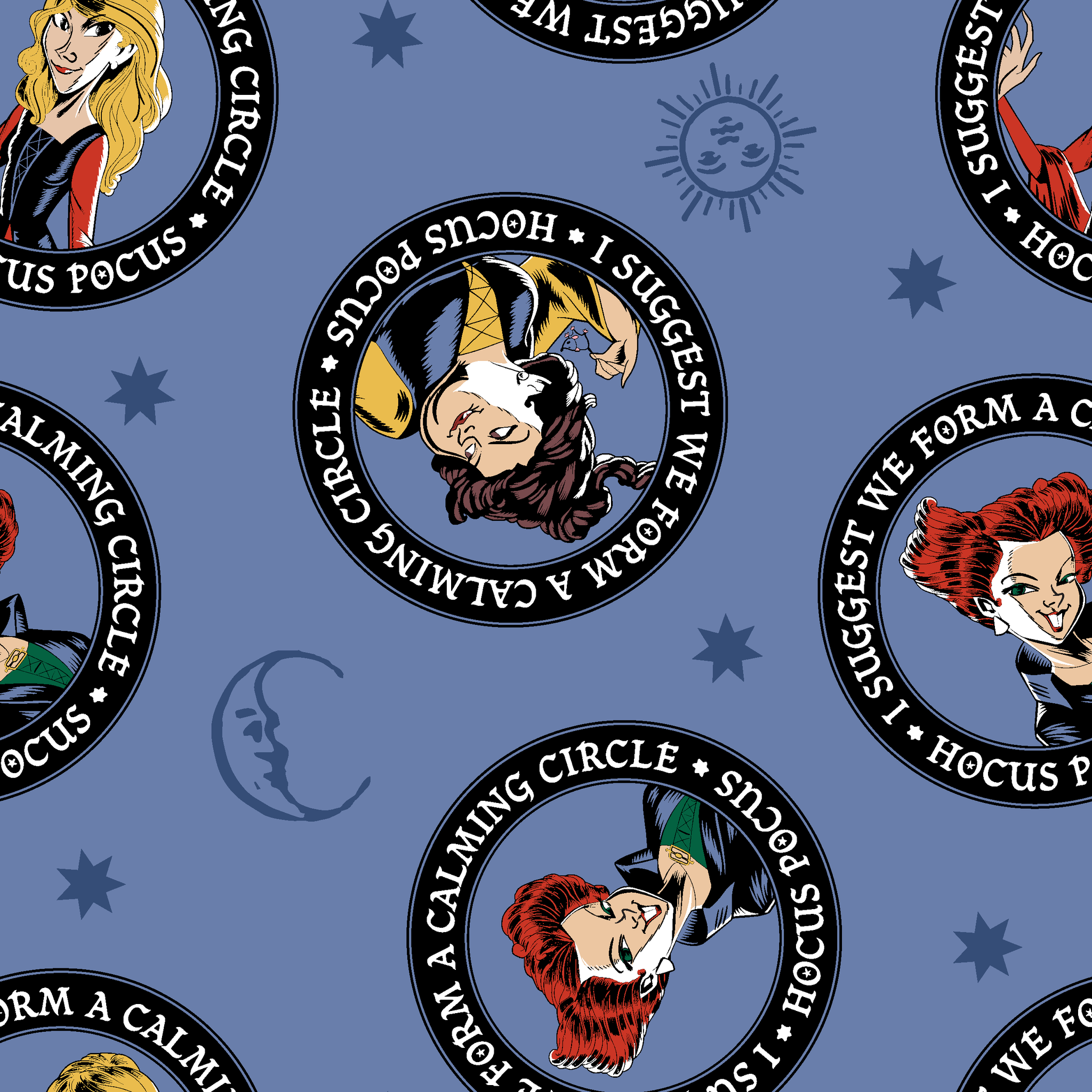 Cartoon witches in circular emblems with "Hocus Pocus" text on blue background with stars tiled preview square