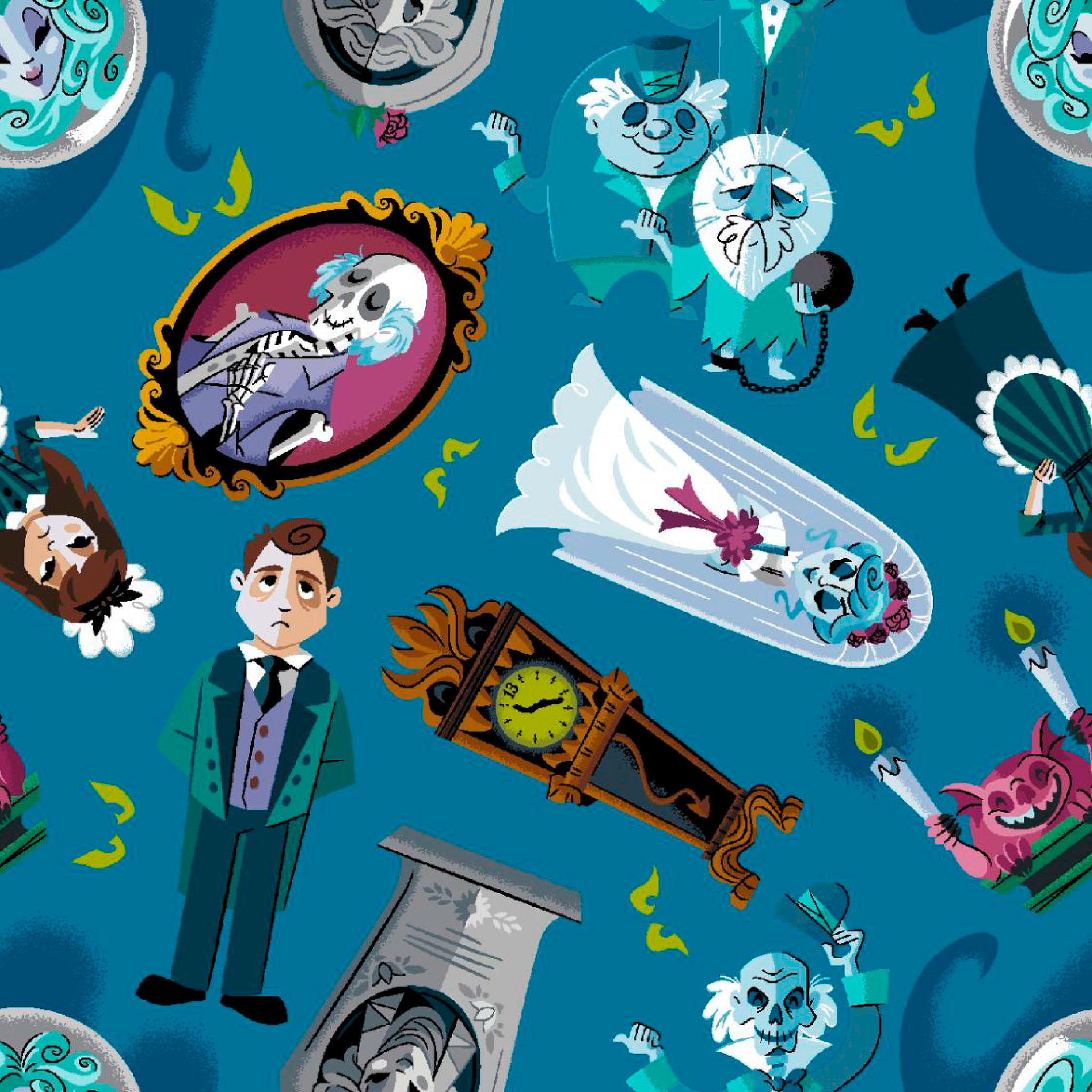 Haunted Mansion themed pattern with cartoon ghosts, portraits, coffins, and spooky elements on teal background tiled preview square