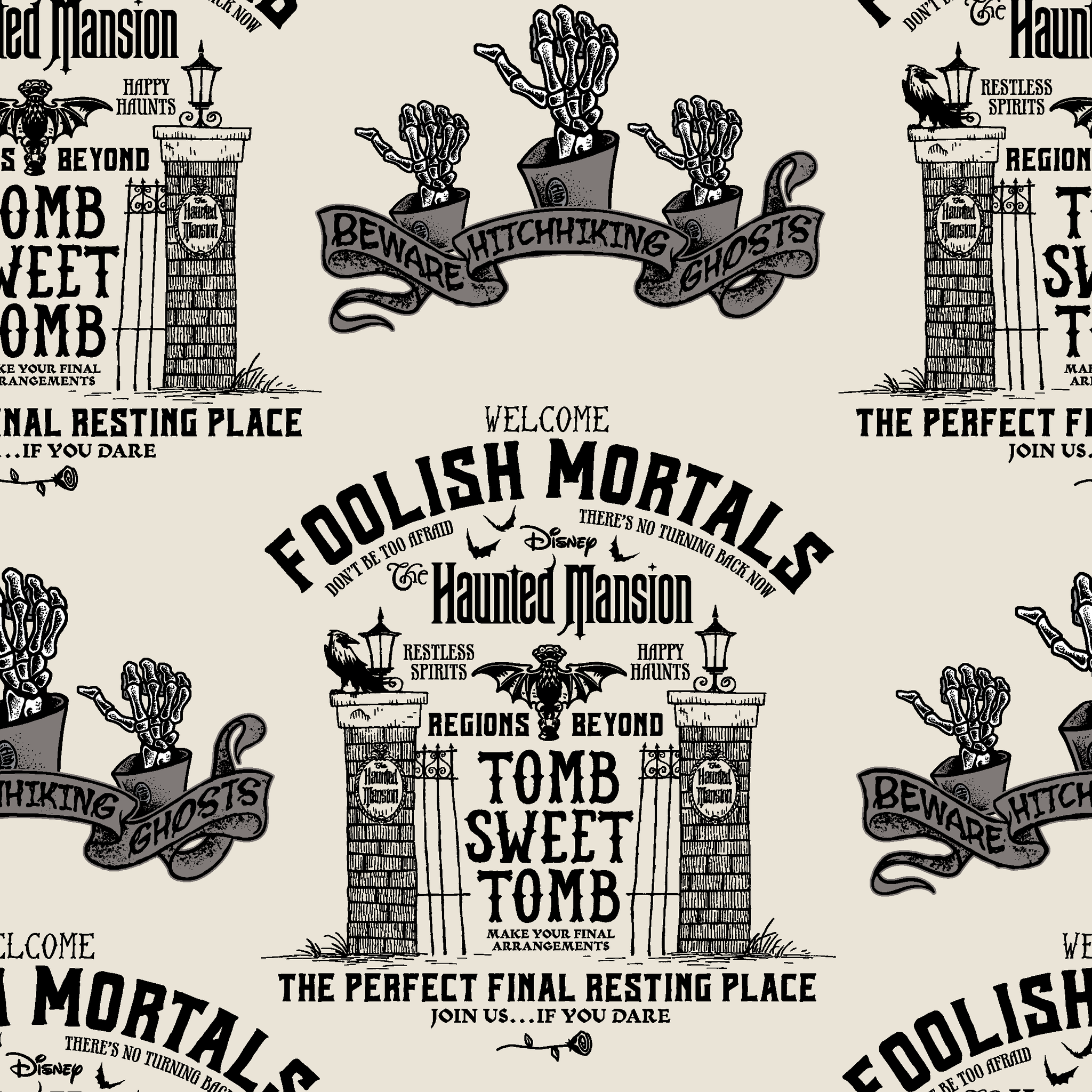 Repeating pattern of "Foolish Mortals" Haunted Mansion signage with ornate tomb designs in vintage black and cream style tiled preview square