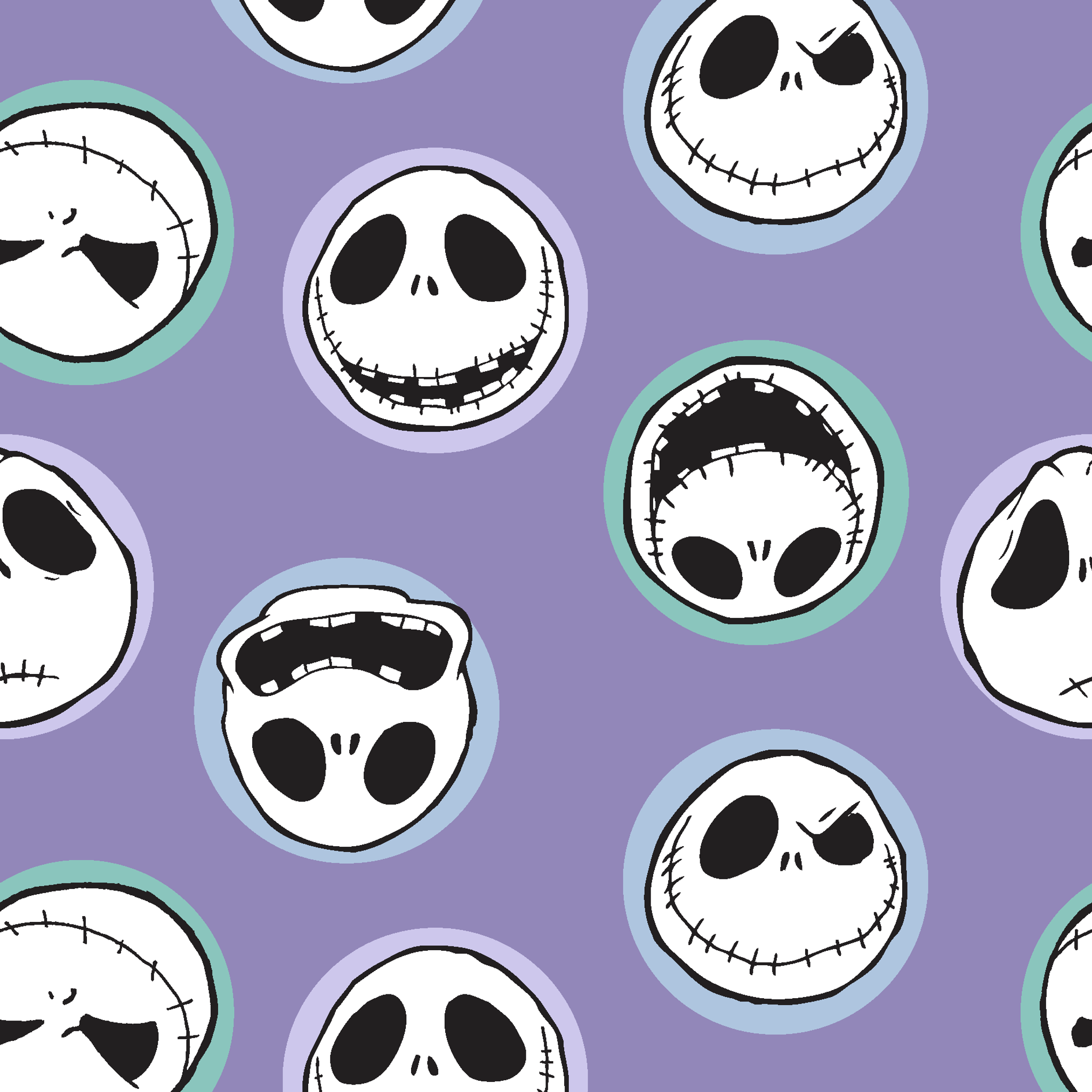 Repeating skull faces with stitched mouths and large eyes on purple background in cartoon style tiled preview square