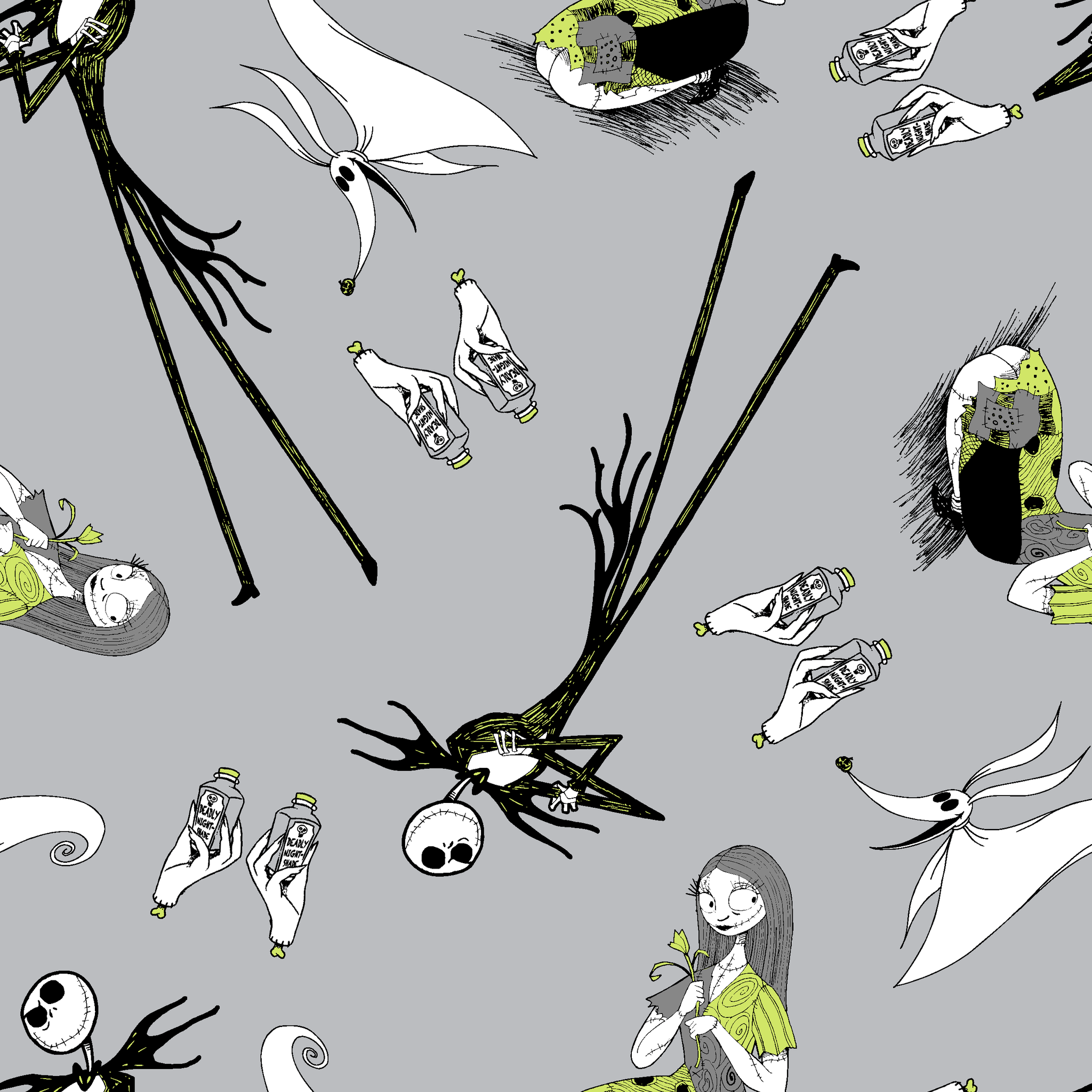 Spooky pattern with stylized ghostly figures, skeletal creatures, and green accents on gray background tiled preview square