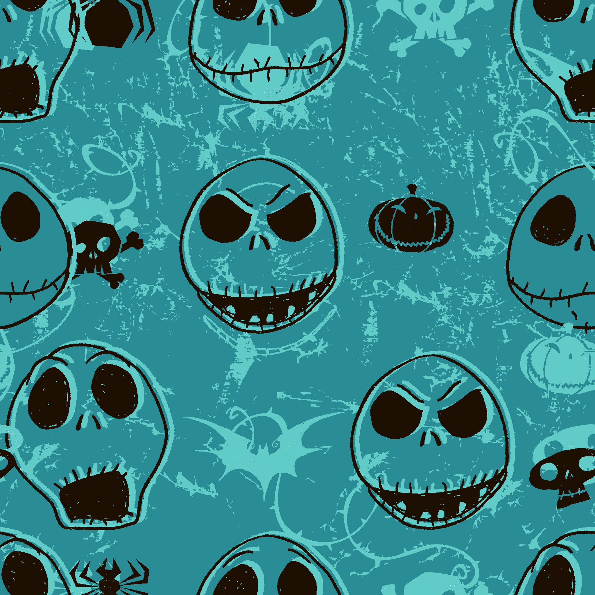 Teal pattern of cartoon skull faces with different expressions, Halloween elements like pumpkins and spiders tiled preview square