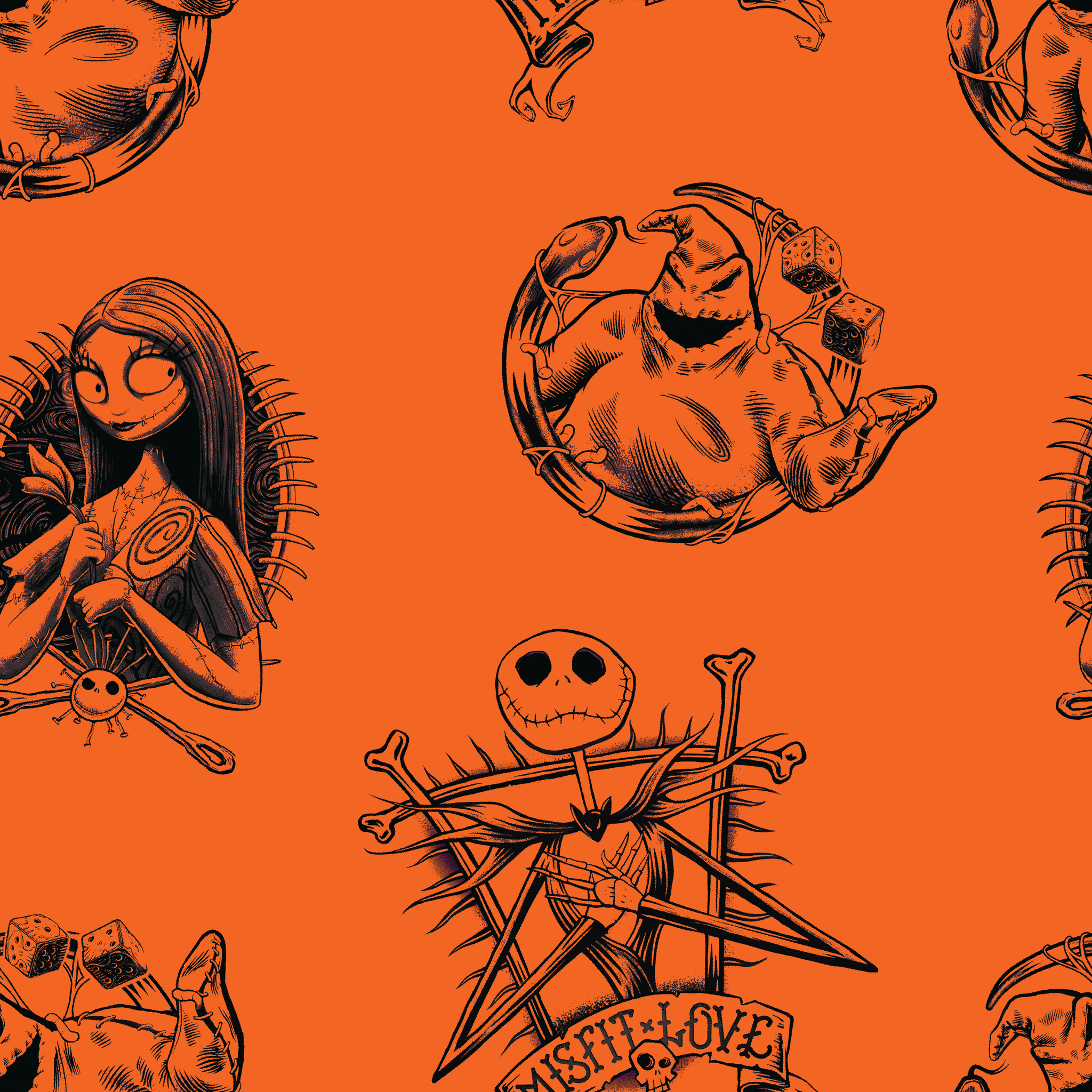 Halloween-themed pattern with spooky characters including Jack Skellington on bright orange background tiled preview square