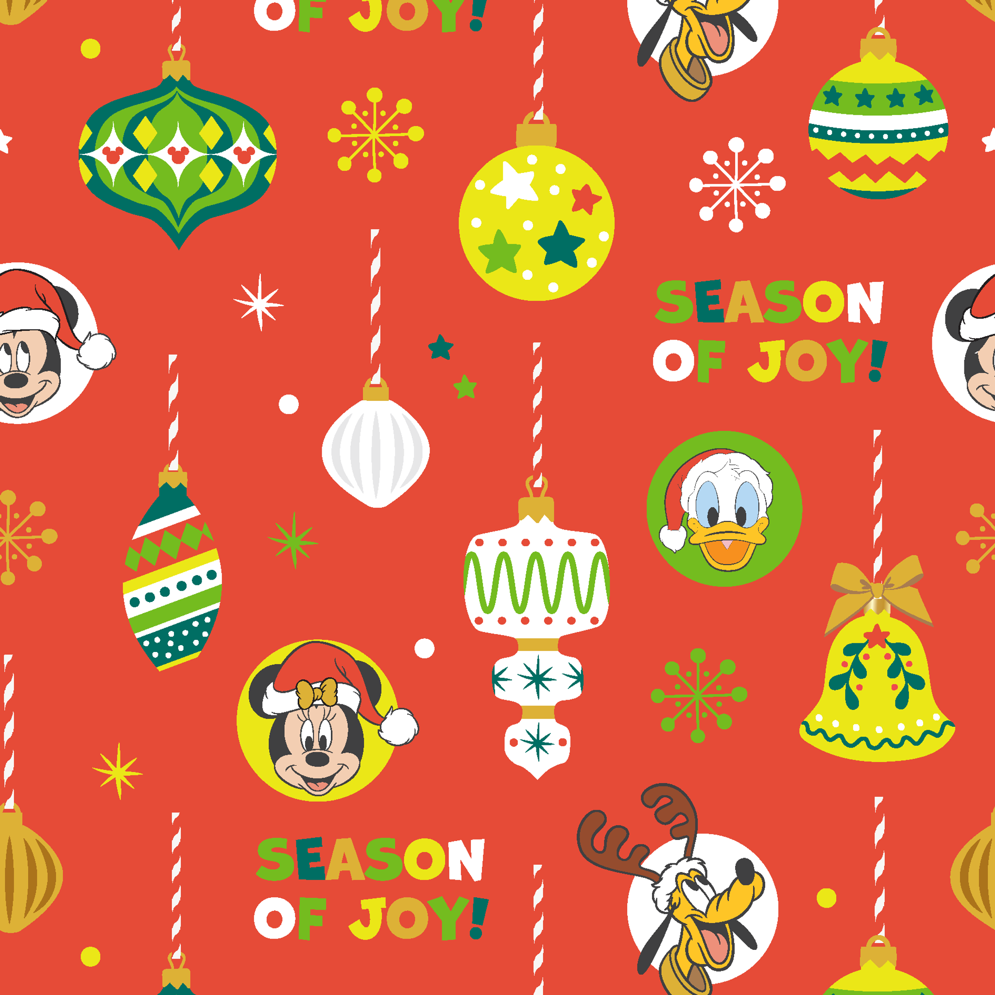 Christmas ornament pattern with colorful baubles, bells, snowflakes and Mickey Mouse characters on bright red background tiled preview square