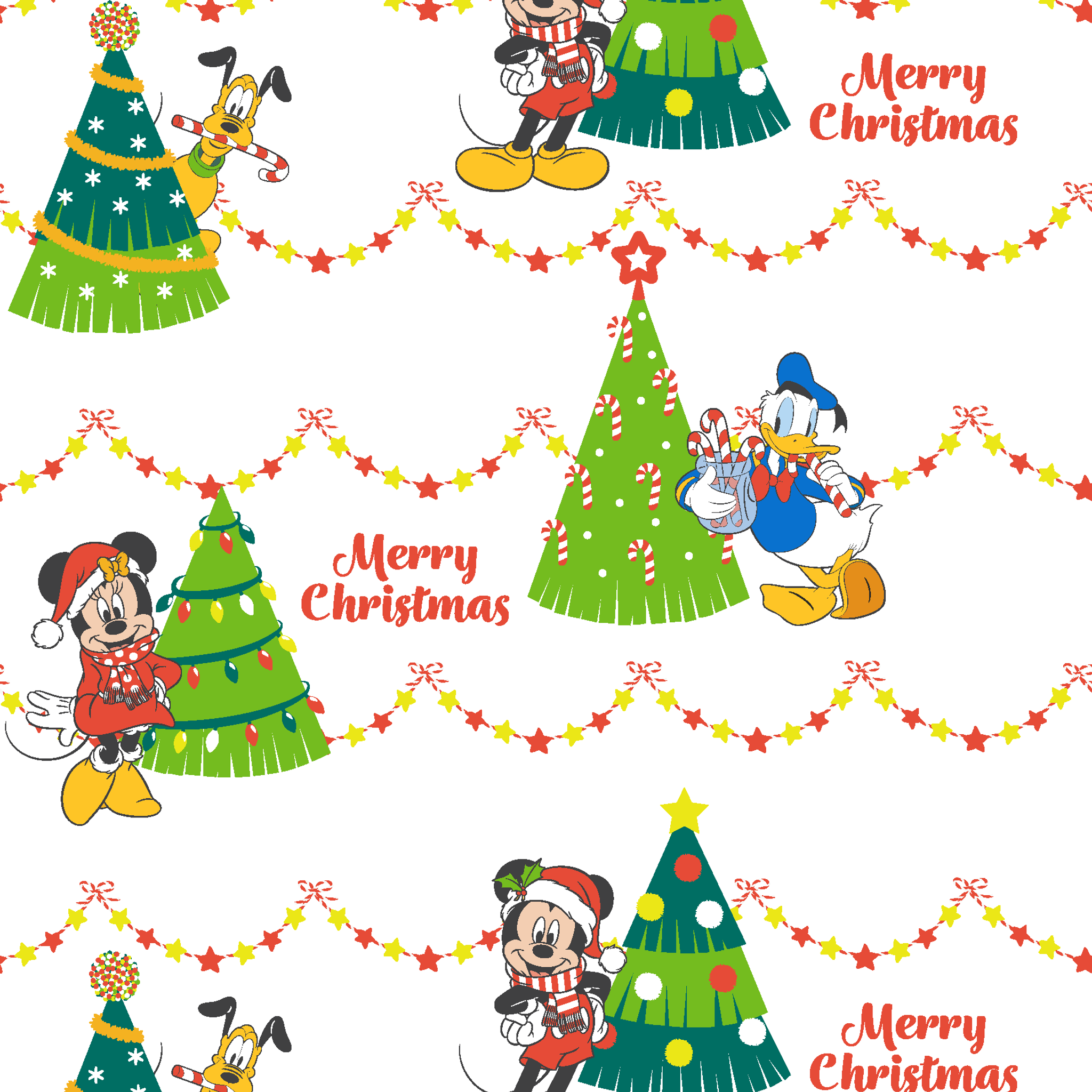 Disney Christmas pattern with Mickey, Minnie, and Donald beside decorated trees with star garland borders tiled preview square
