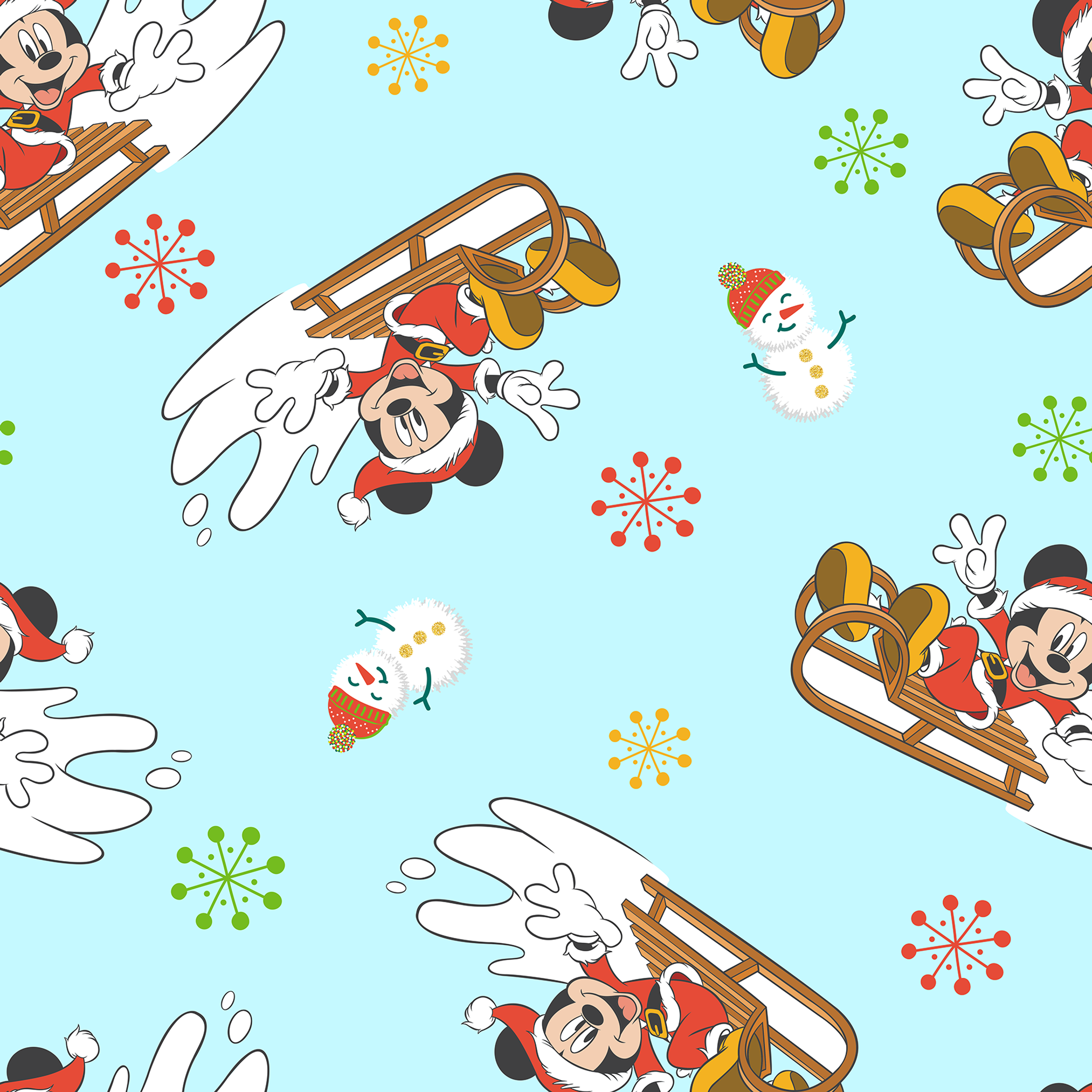 Christmas pattern with Mickey Mouse on sleds, snowmen, and colorful snowflakes on light blue background tiled preview square